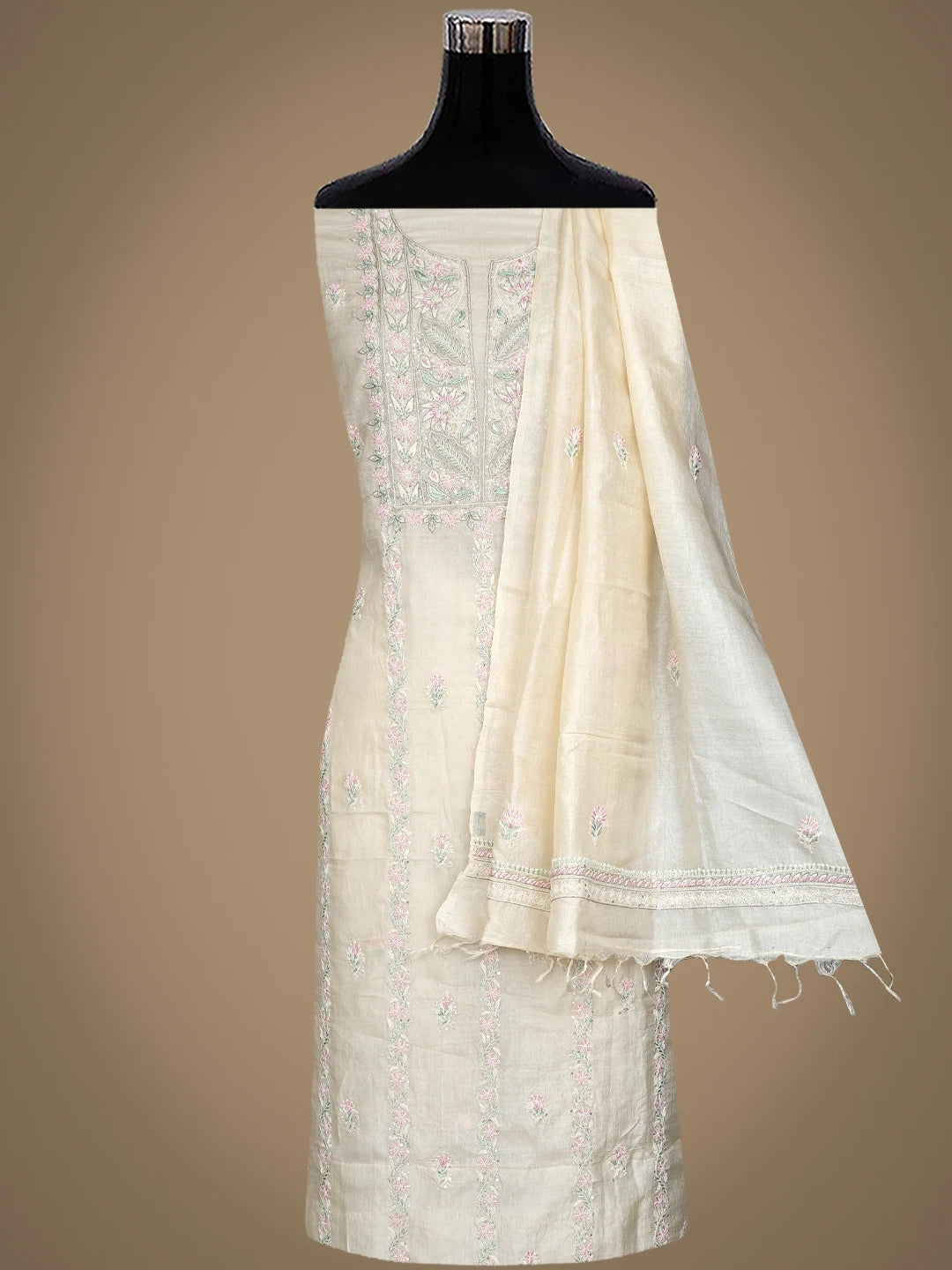 Ada Hand Embroidered Cream Tussar Silk Lucknowi Chikankari Unstitched Kurta Dupatta Set With Sequinned Work 01A843837