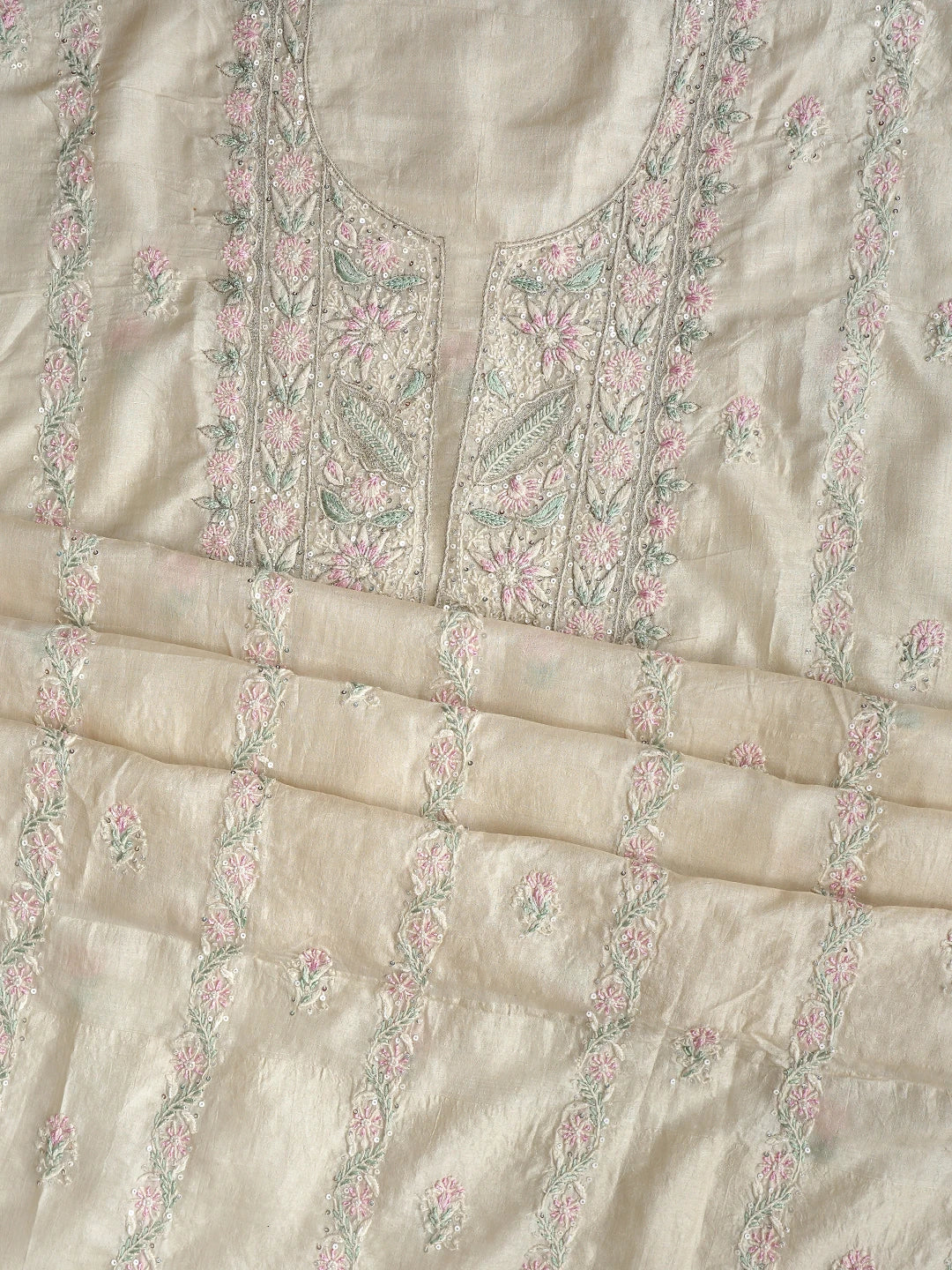 Ada Hand Embroidered Cream Tussar Silk Lucknowi Chikankari Unstitched Kurta Dupatta Set With Sequinned Work 01A843837