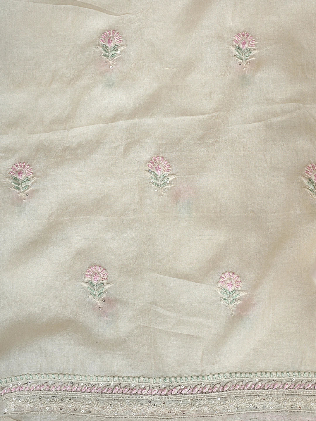 Ada Hand Embroidered Cream Tussar Silk Lucknowi Chikankari Unstitched Kurta Dupatta Set With Sequinned Work 01A843837