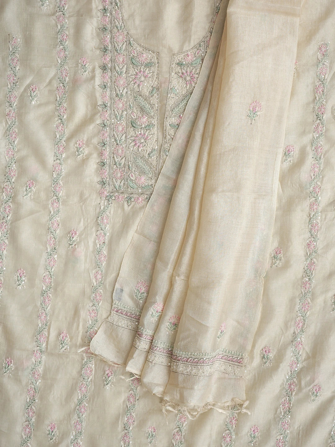 Ada Hand Embroidered Cream Tussar Silk Lucknowi Chikankari Unstitched Kurta Dupatta Set With Sequinned Work 01A843837