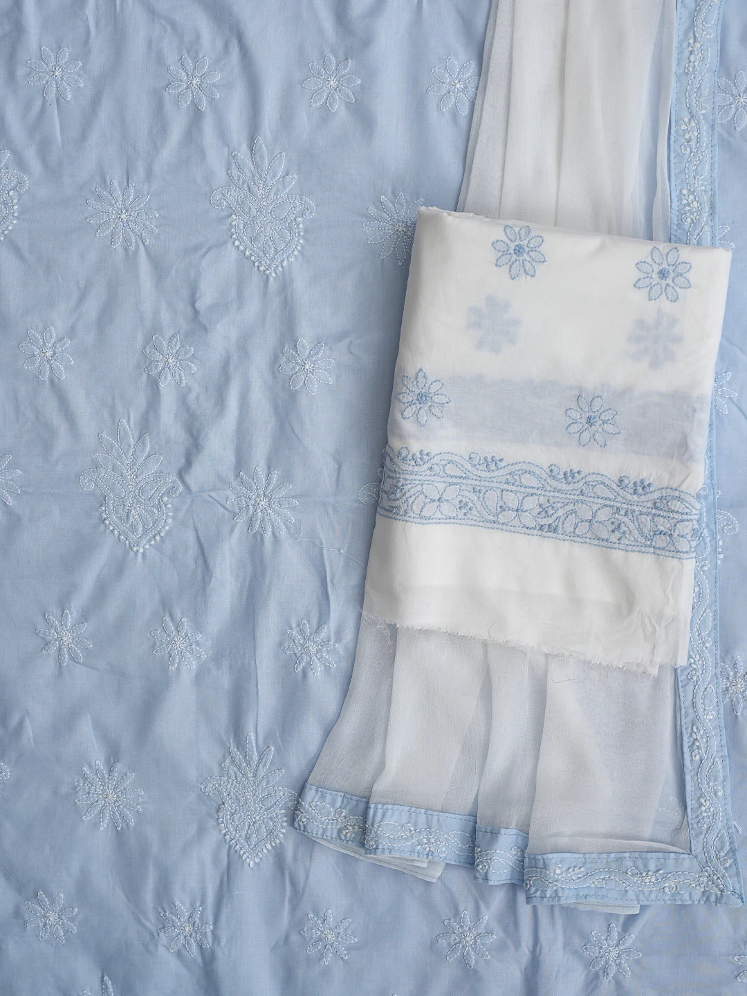 Ada Hand Embroidered Blue Cotton Lucknowi Chikankari Unstitched Suit Piece 01A870846