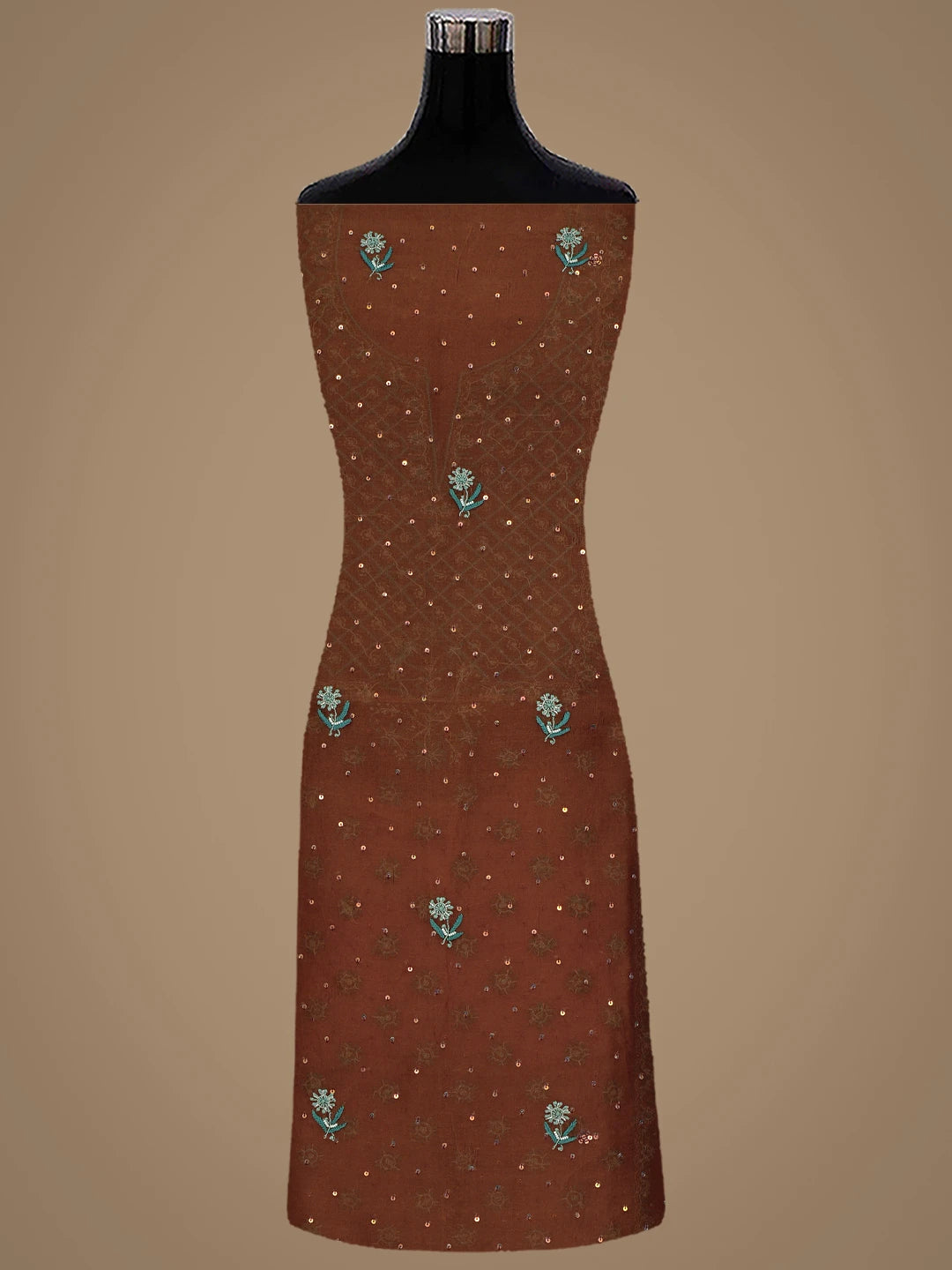 Ada Hand Embroidered Chocolate Brown Organza Lucknowi Chikankari Unstitched Kurta Dupatta Set With Pearl Work 01A641048