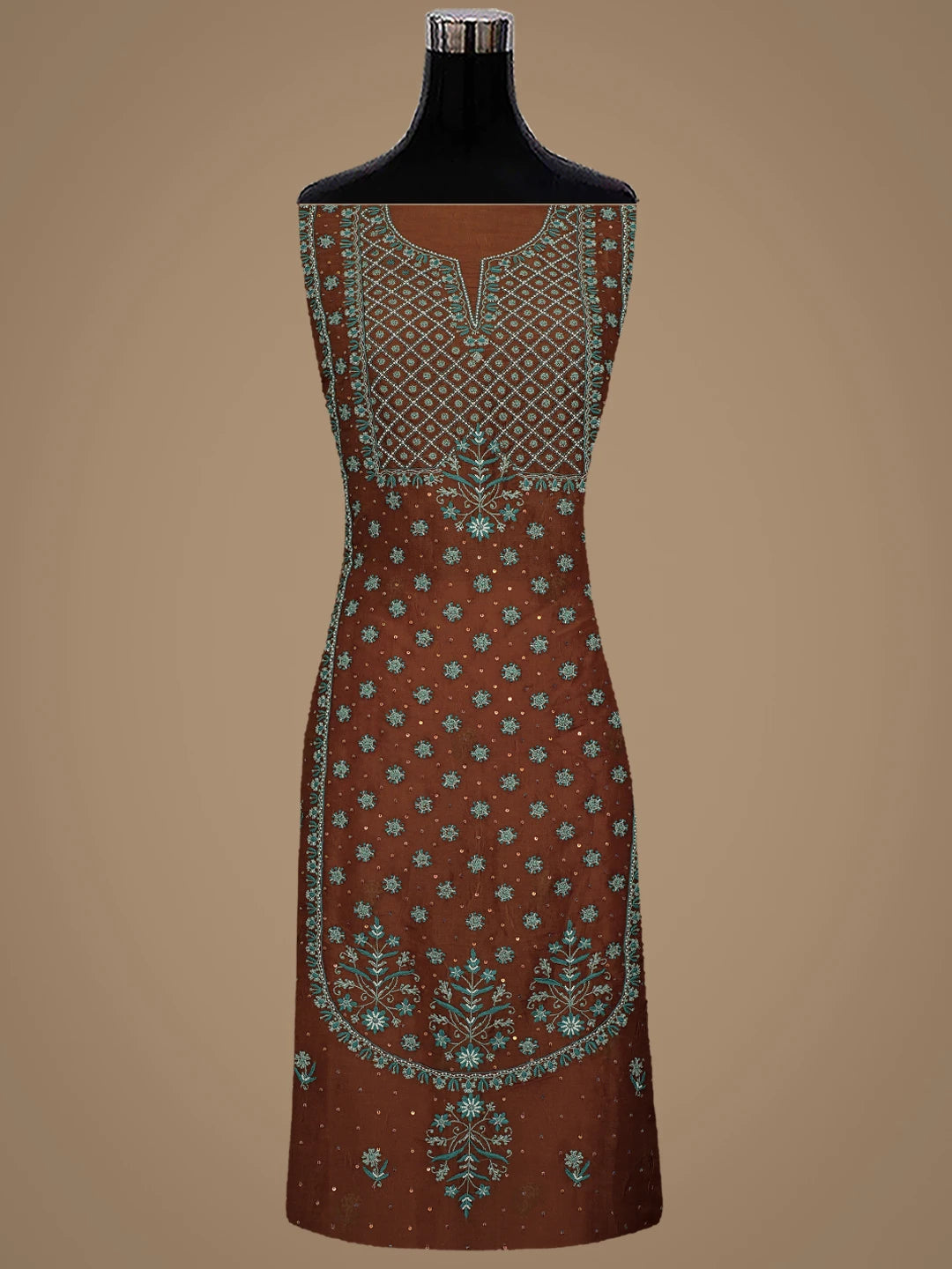 Ada Hand Embroidered Chocolate Brown Organza Lucknowi Chikankari Unstitched Kurta Dupatta Set With Pearl Work 01A641048