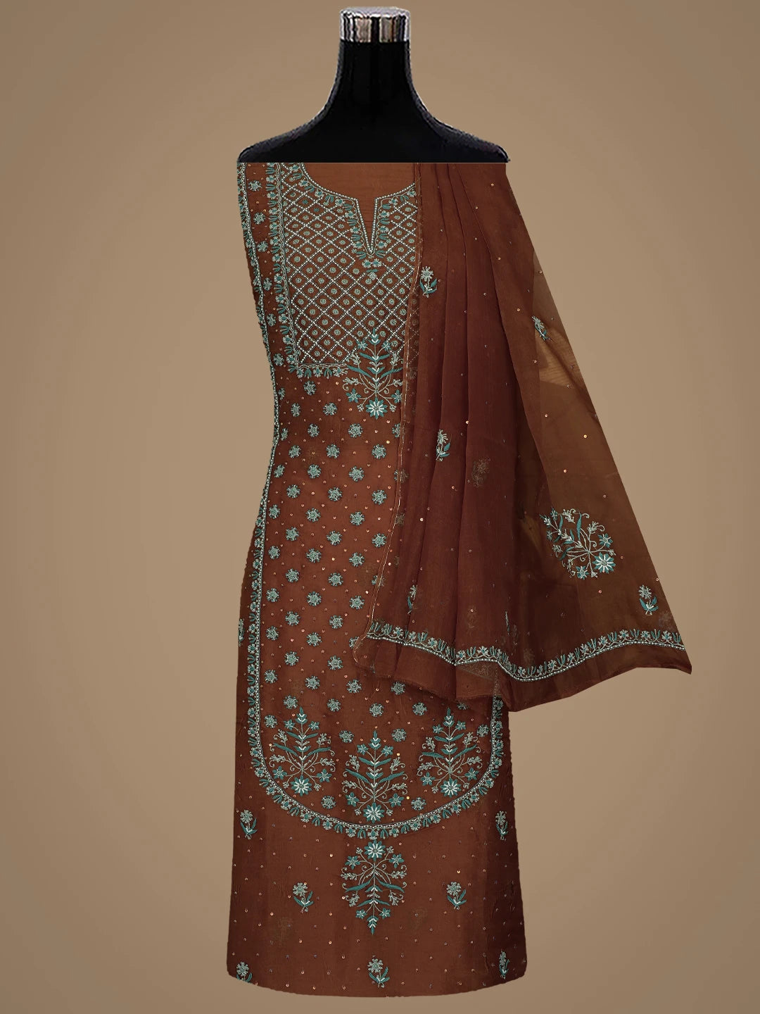 Ada Hand Embroidered Chocolate Brown Organza Lucknowi Chikankari Unstitched Kurta Dupatta Set With Pearl Work 01A641048