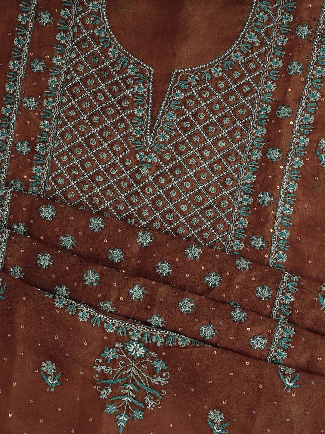 Ada Hand Embroidered Chocolate Brown Organza Lucknowi Chikankari Unstitched Kurta Dupatta Set With Pearl Work 01A641048