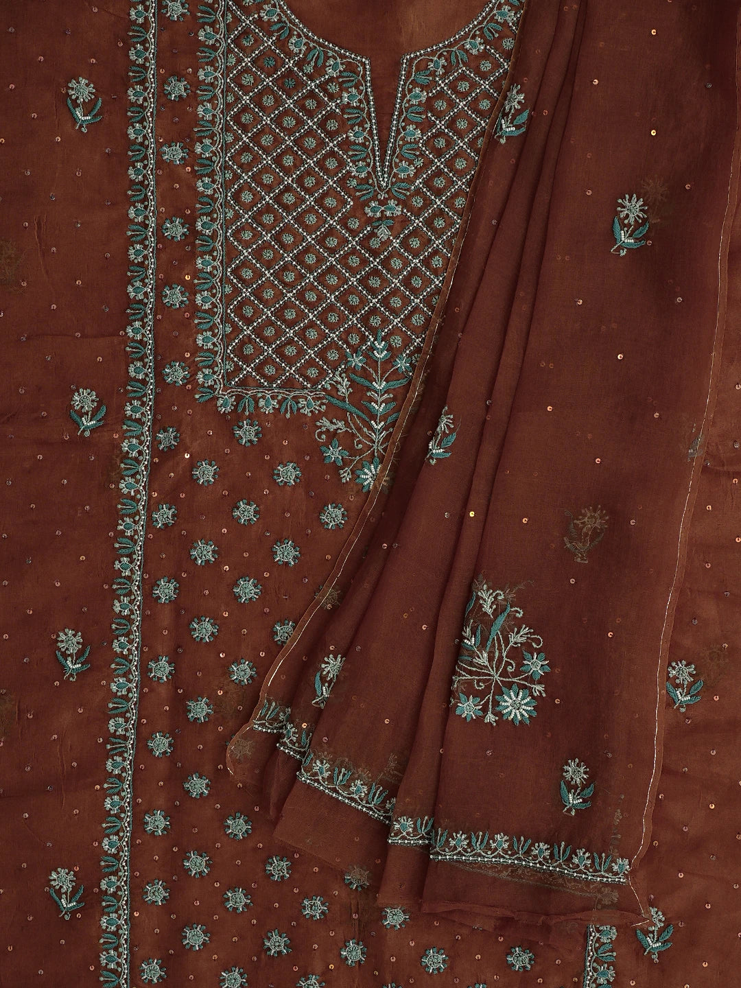 Ada Hand Embroidered Chocolate Brown Organza Lucknowi Chikankari Unstitched Kurta Dupatta Set With Pearl Work 01A641048