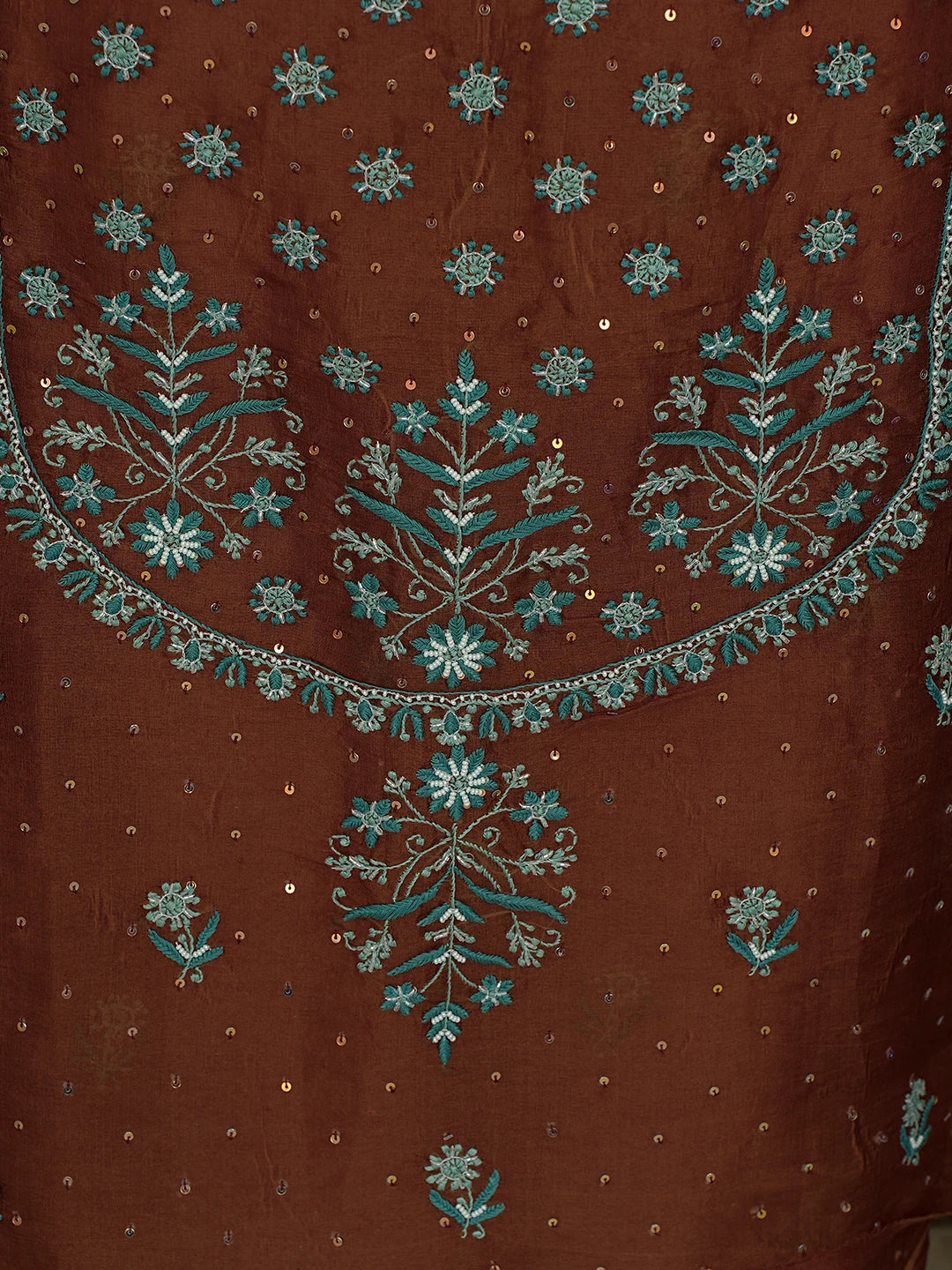 Ada Hand Embroidered Chocolate Brown Organza Lucknowi Chikankari Unstitched Kurta Dupatta Set With Pearl Work 01A641048