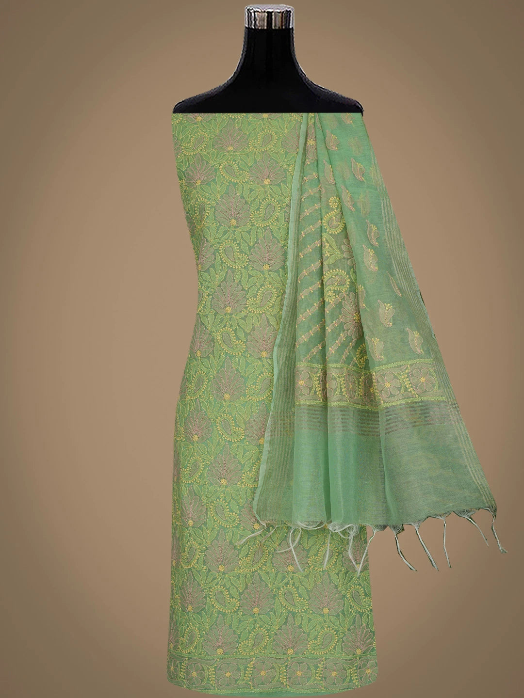 Ada Hand Embroidered Green Chanderi Lucknowi Chikankari Unstitched Kurta Dupatta Set 01A870974