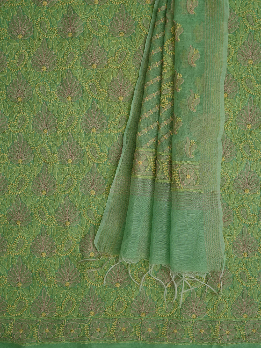 Ada Hand Embroidered Green Chanderi Lucknowi Chikankari Unstitched Kurta Dupatta Set 01A870974