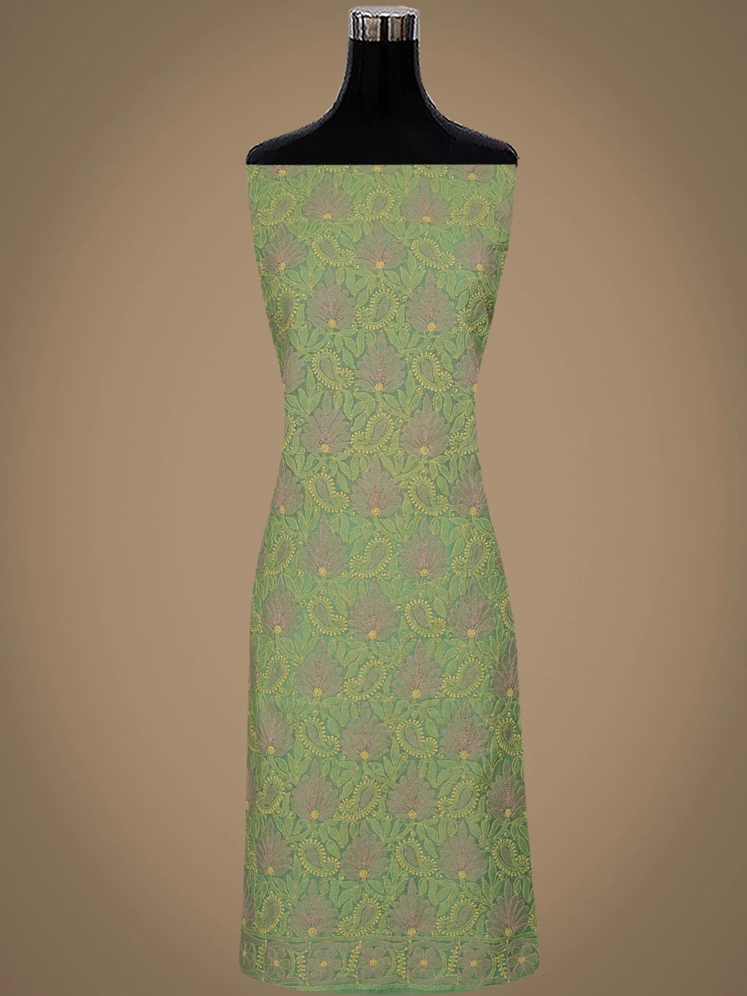 Ada Hand Embroidered Green Chanderi Lucknowi Chikankari Unstitched Kurta Dupatta Set 01A870974