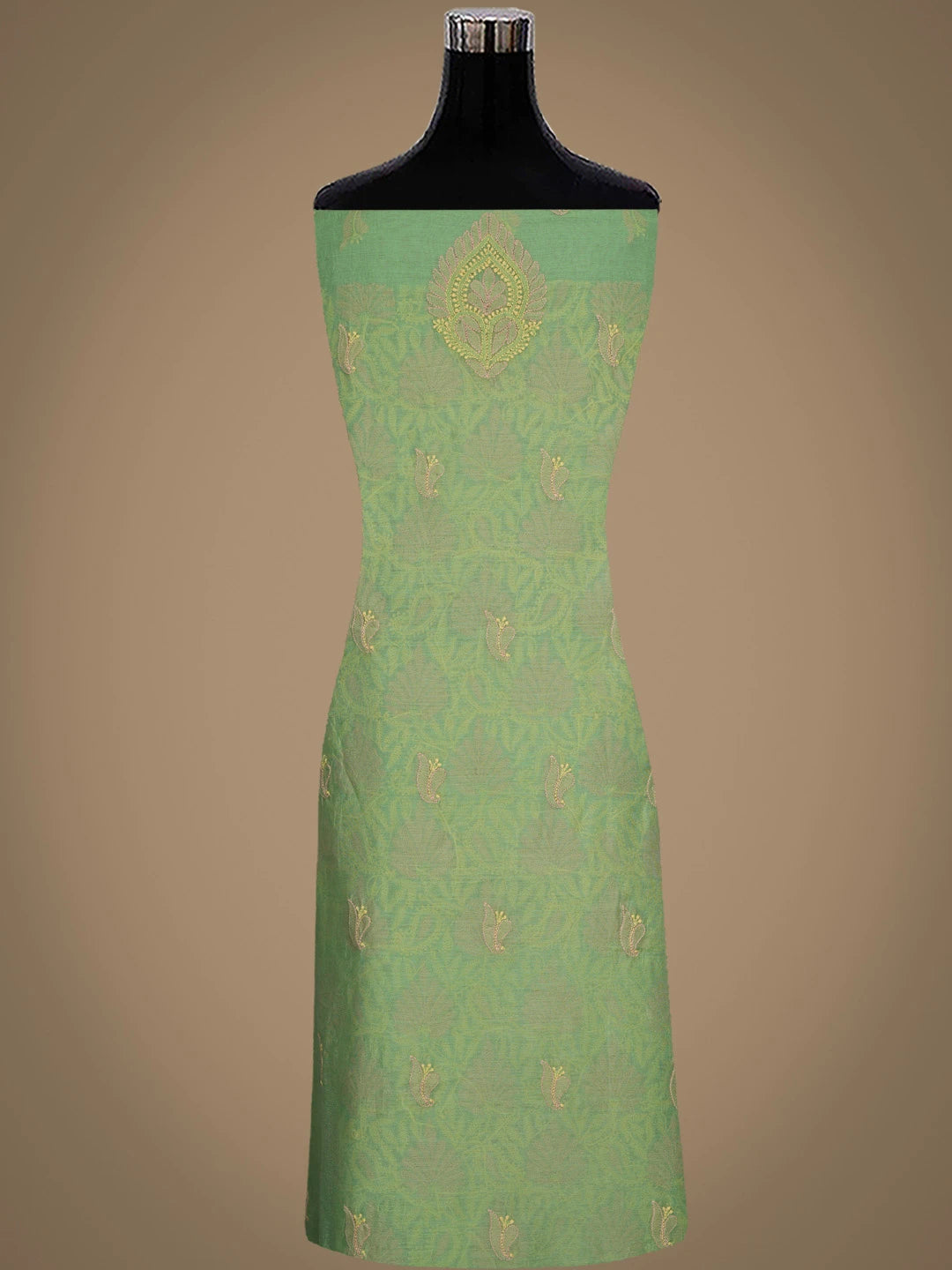 Ada Hand Embroidered Green Chanderi Lucknowi Chikankari Unstitched Kurta Dupatta Set 01A870974