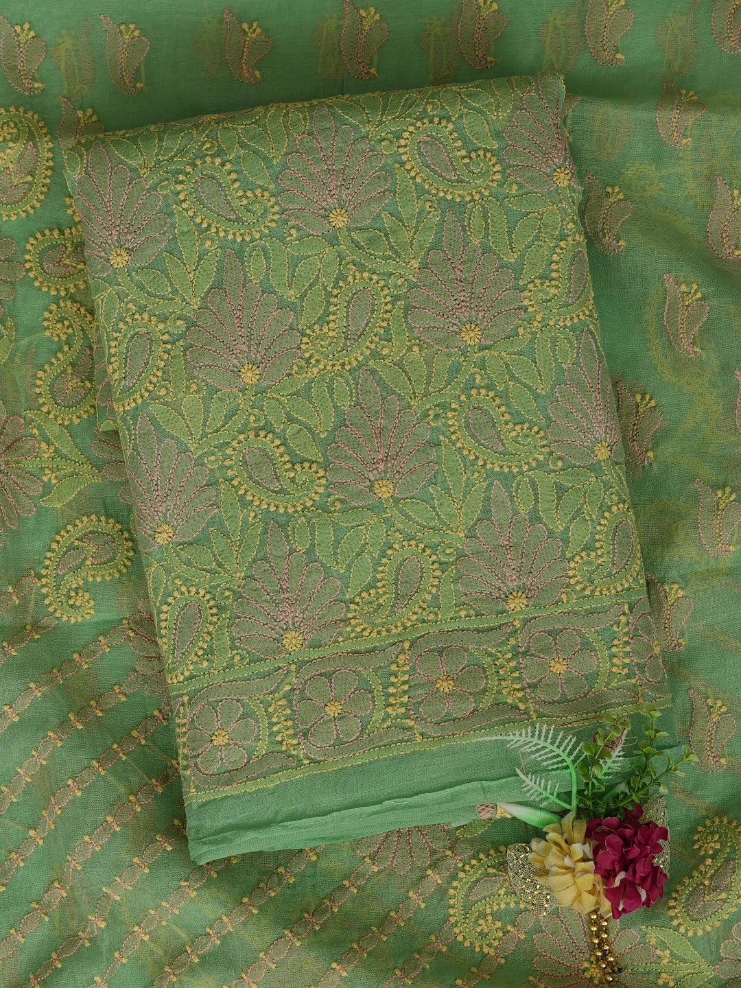 Ada Hand Embroidered Green Chanderi Lucknowi Chikankari Unstitched Kurta Dupatta Set 01A870974