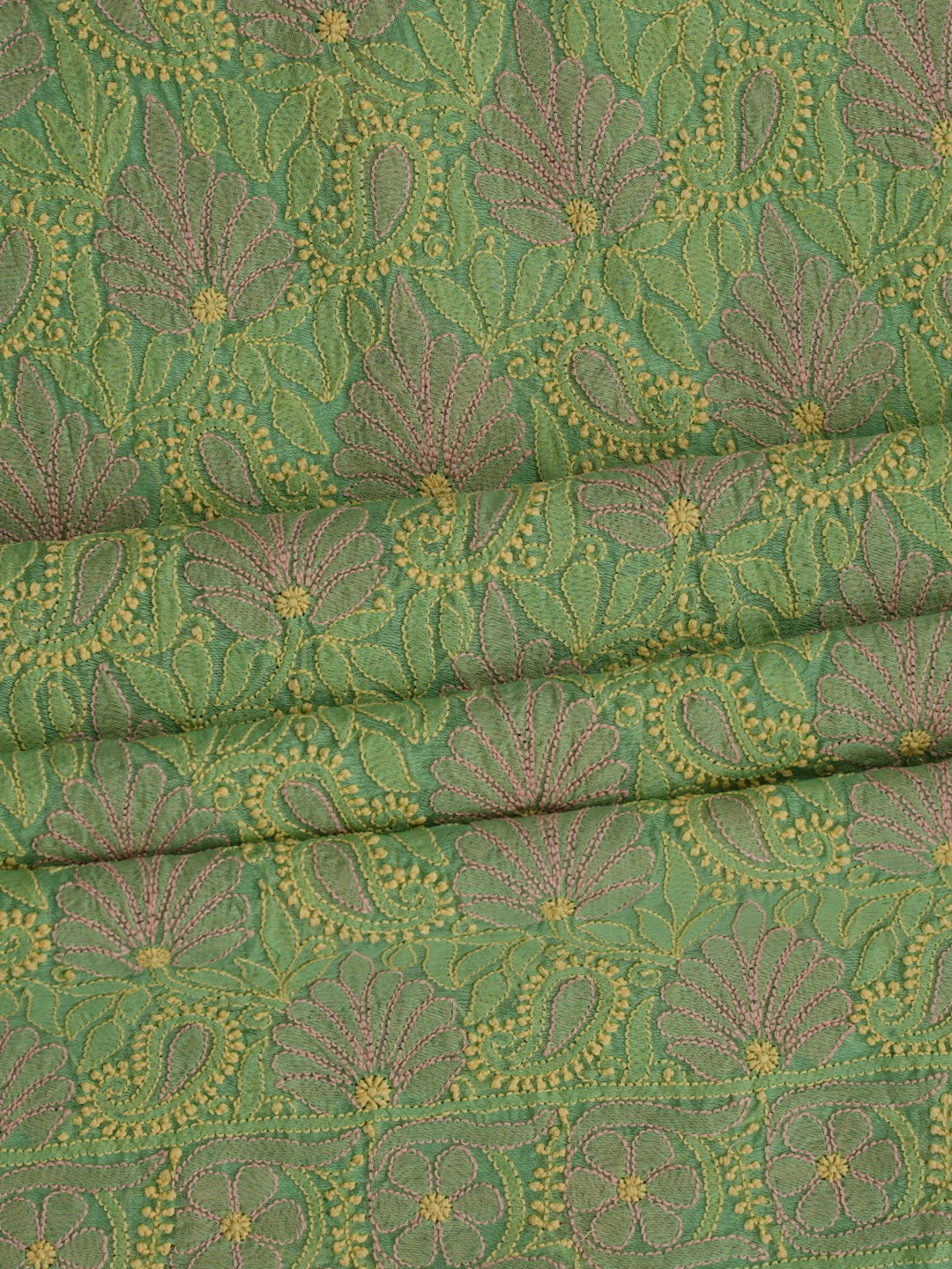 Ada Hand Embroidered Green Chanderi Lucknowi Chikankari Unstitched Kurta Dupatta Set 01A870974