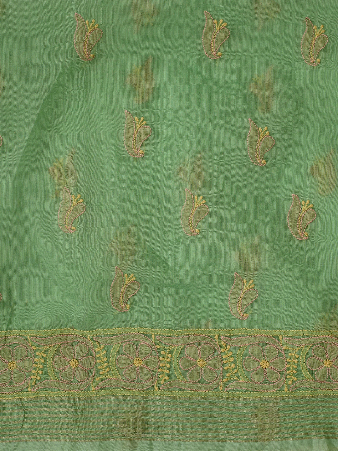 Ada Hand Embroidered Green Chanderi Lucknowi Chikankari Unstitched Kurta Dupatta Set 01A870974