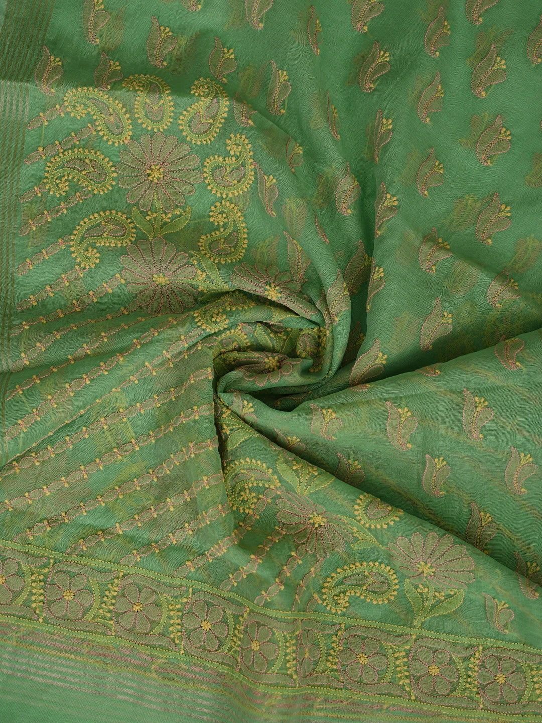 Ada Hand Embroidered Green Chanderi Lucknowi Chikankari Unstitched Kurta Dupatta Set 01A870974