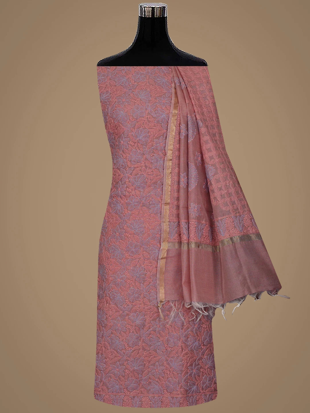 Ada Hand Embroidered Peach Chanderi Lucknowi Chikankari Unstitched Kurta Dupatta Set 01A871009