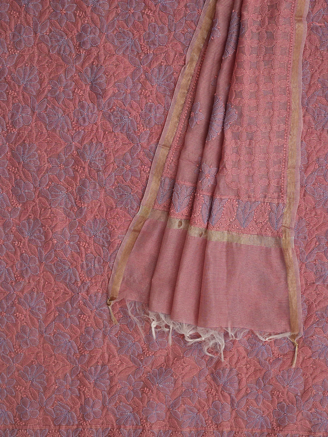 Ada Hand Embroidered Peach Chanderi Lucknowi Chikankari Unstitched Kurta Dupatta Set 01A871009
