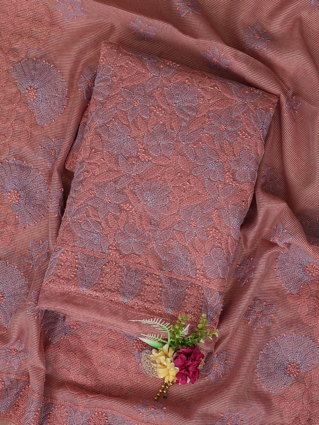 Ada Hand Embroidered Peach Chanderi Lucknowi Chikankari Unstitched Kurta Dupatta Set 01A871009