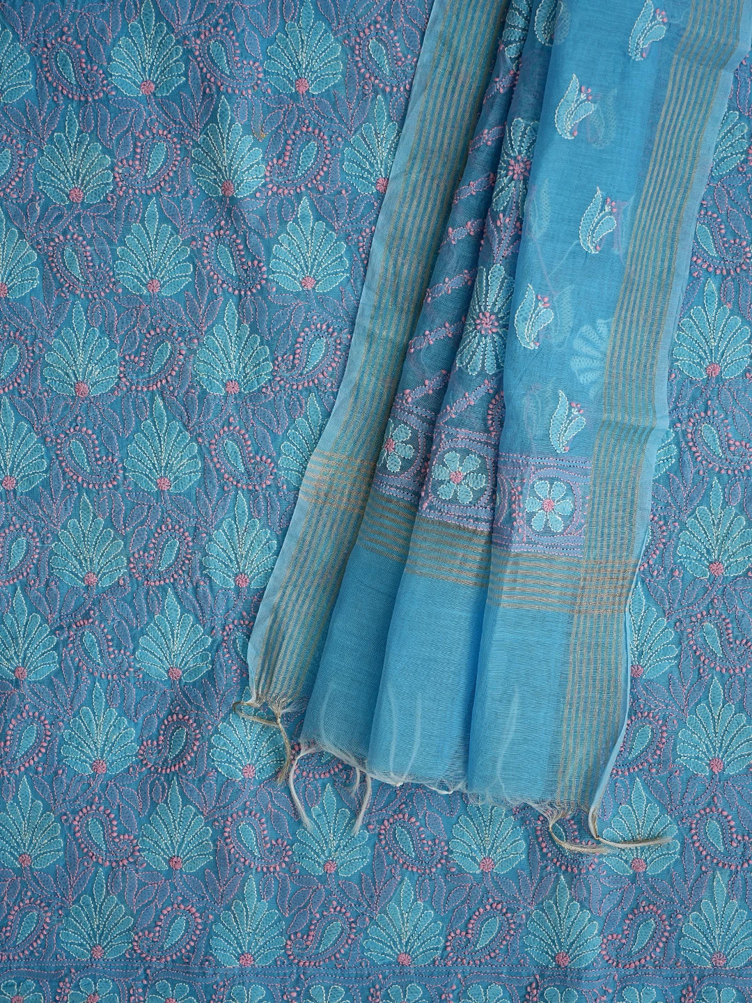 Ada Hand Embroidered Blue Chanderi Lucknowi Chikankari Unstitched Kurta Dupatta Set 01A871016