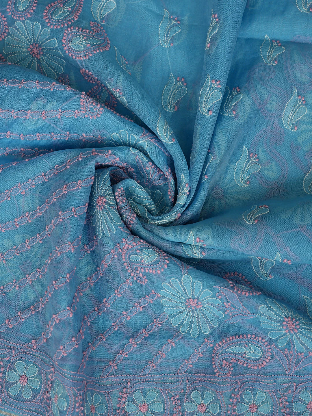Ada Hand Embroidered Blue Chanderi Lucknowi Chikankari Unstitched Kurta Dupatta Set 01A871016