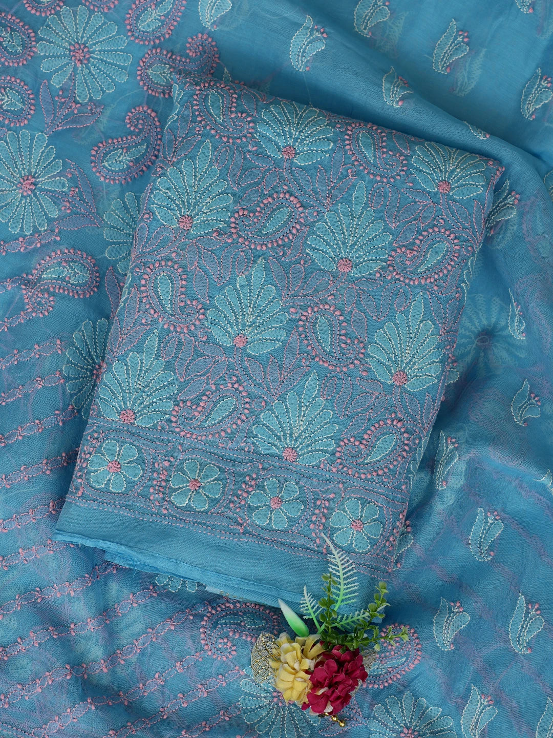 Ada Hand Embroidered Blue Chanderi Lucknowi Chikankari Unstitched Kurta Dupatta Set 01A871016