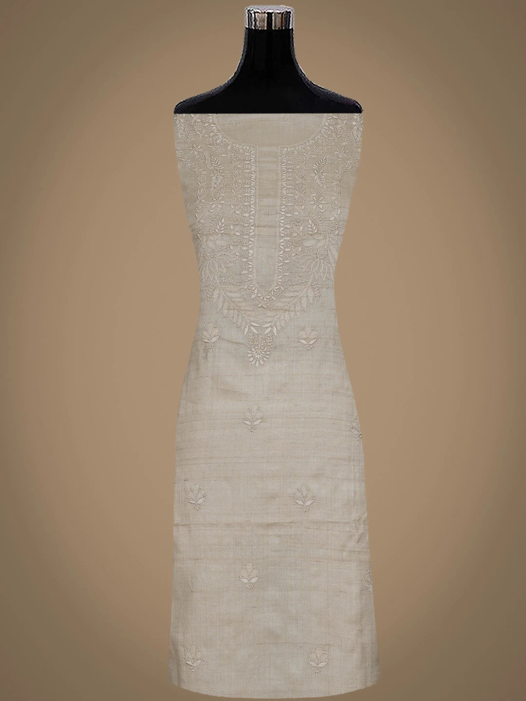 Ada Hand Embroidered Fawn Tussar Silk Lucknowi Chikankari Unstitched Kurta Dupatta Set 08A500667