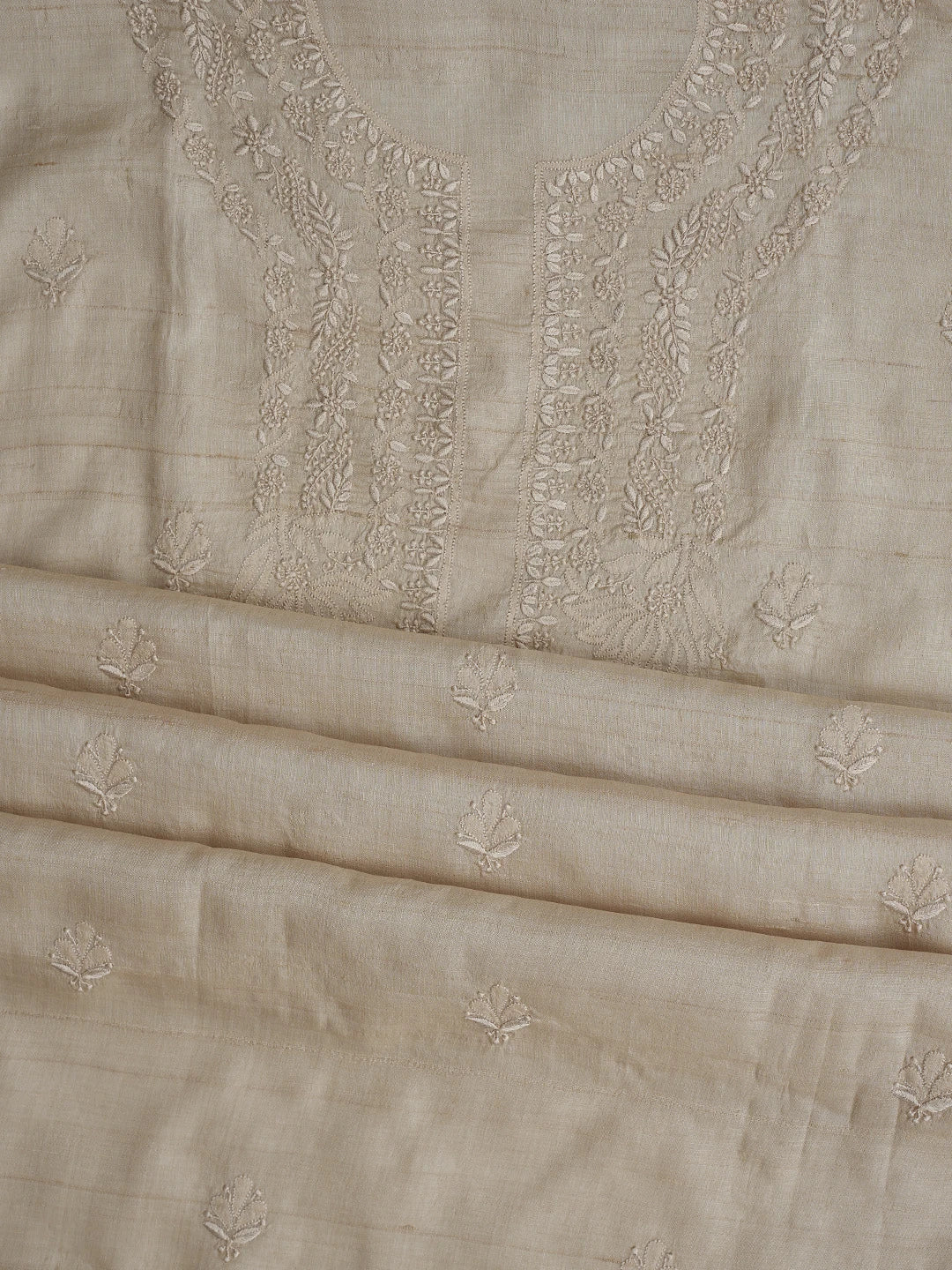 Ada Hand Embroidered Fawn Tussar Silk Lucknowi Chikankari Unstitched Kurta Dupatta Set 08A500667