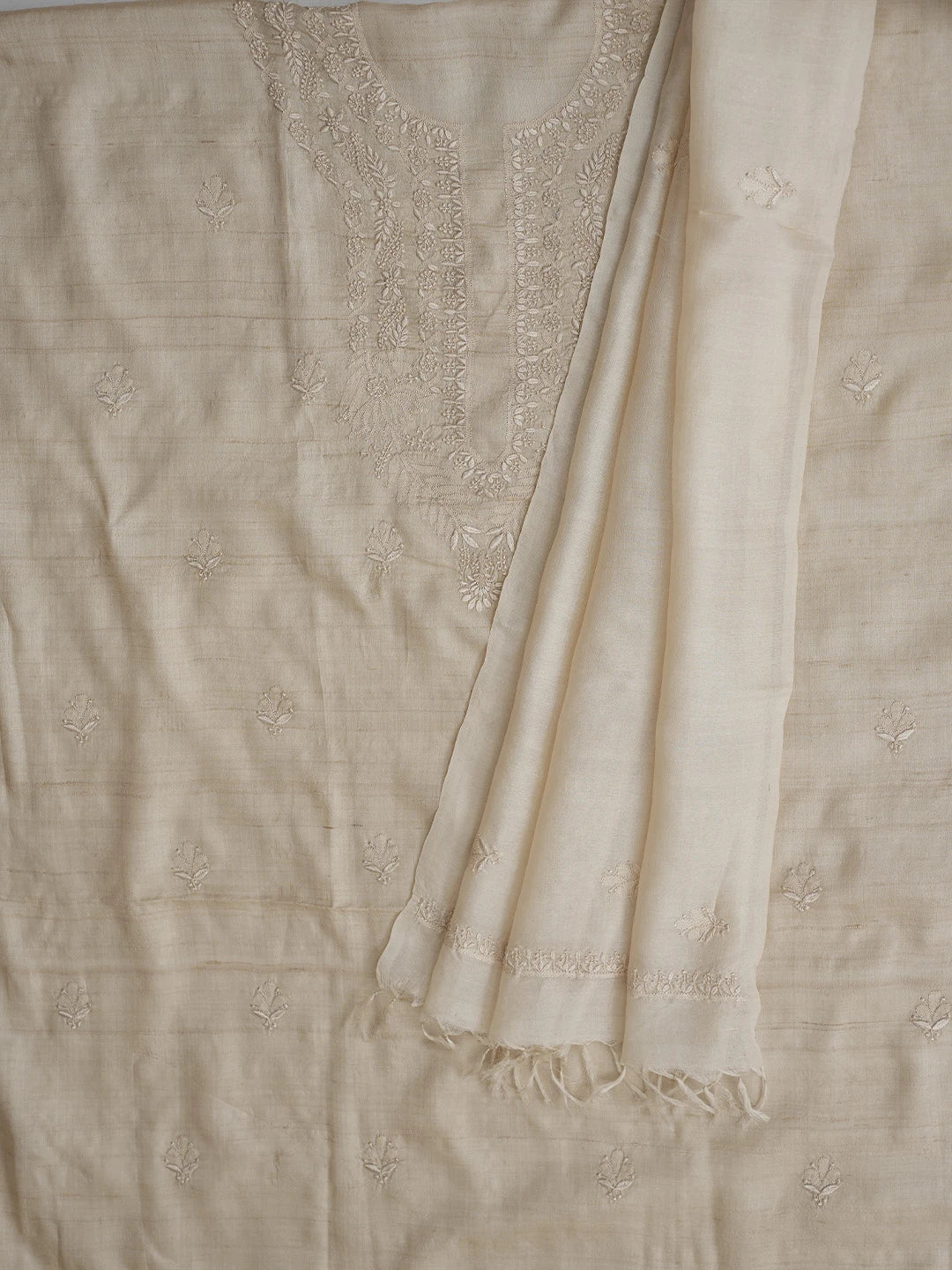 Ada Hand Embroidered Fawn Tussar Silk Lucknowi Chikankari Unstitched Kurta Dupatta Set 08A500667