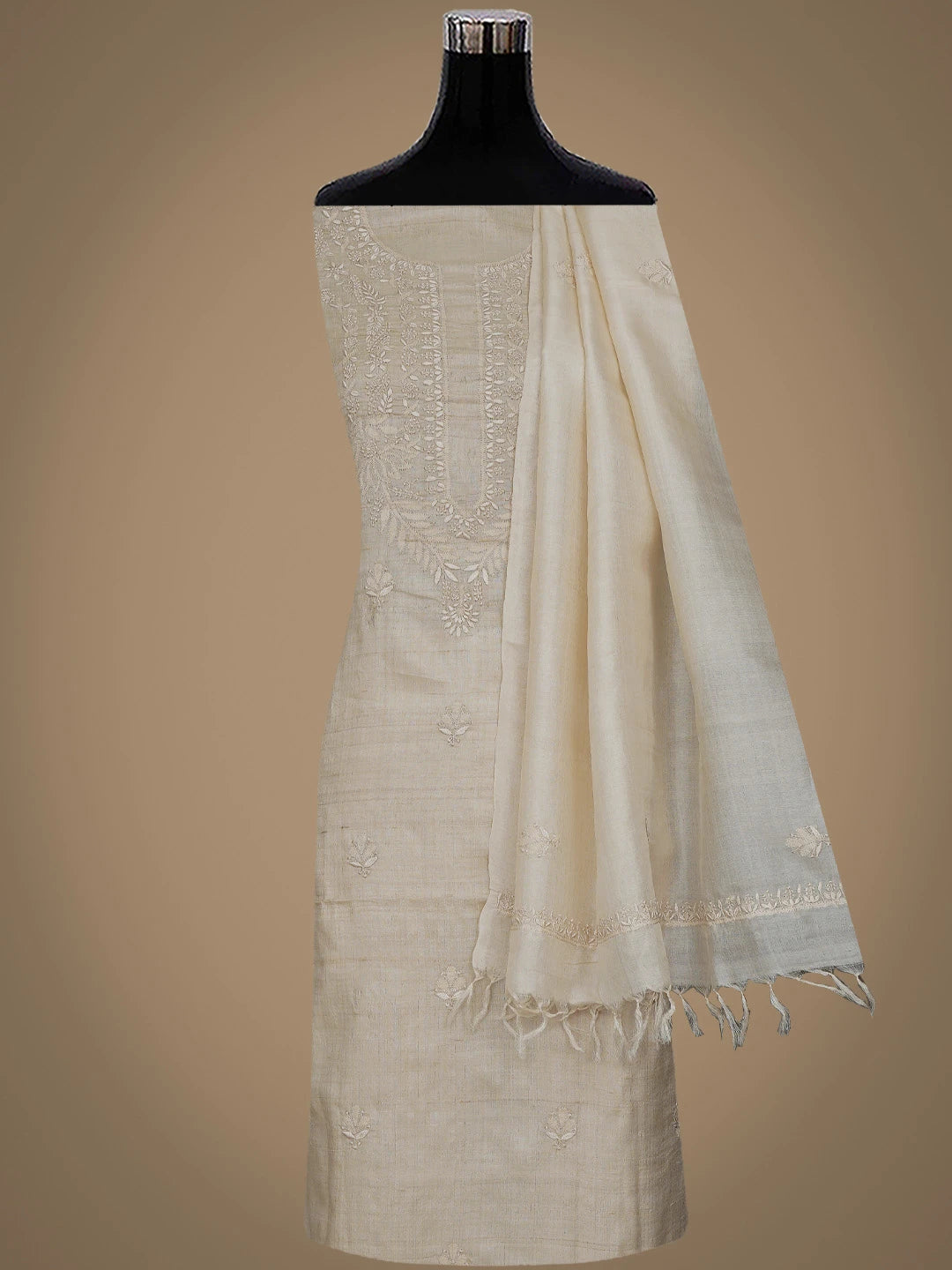 Ada Hand Embroidered Fawn Tussar Silk Lucknowi Chikankari Unstitched Kurta Dupatta Set 08A500667