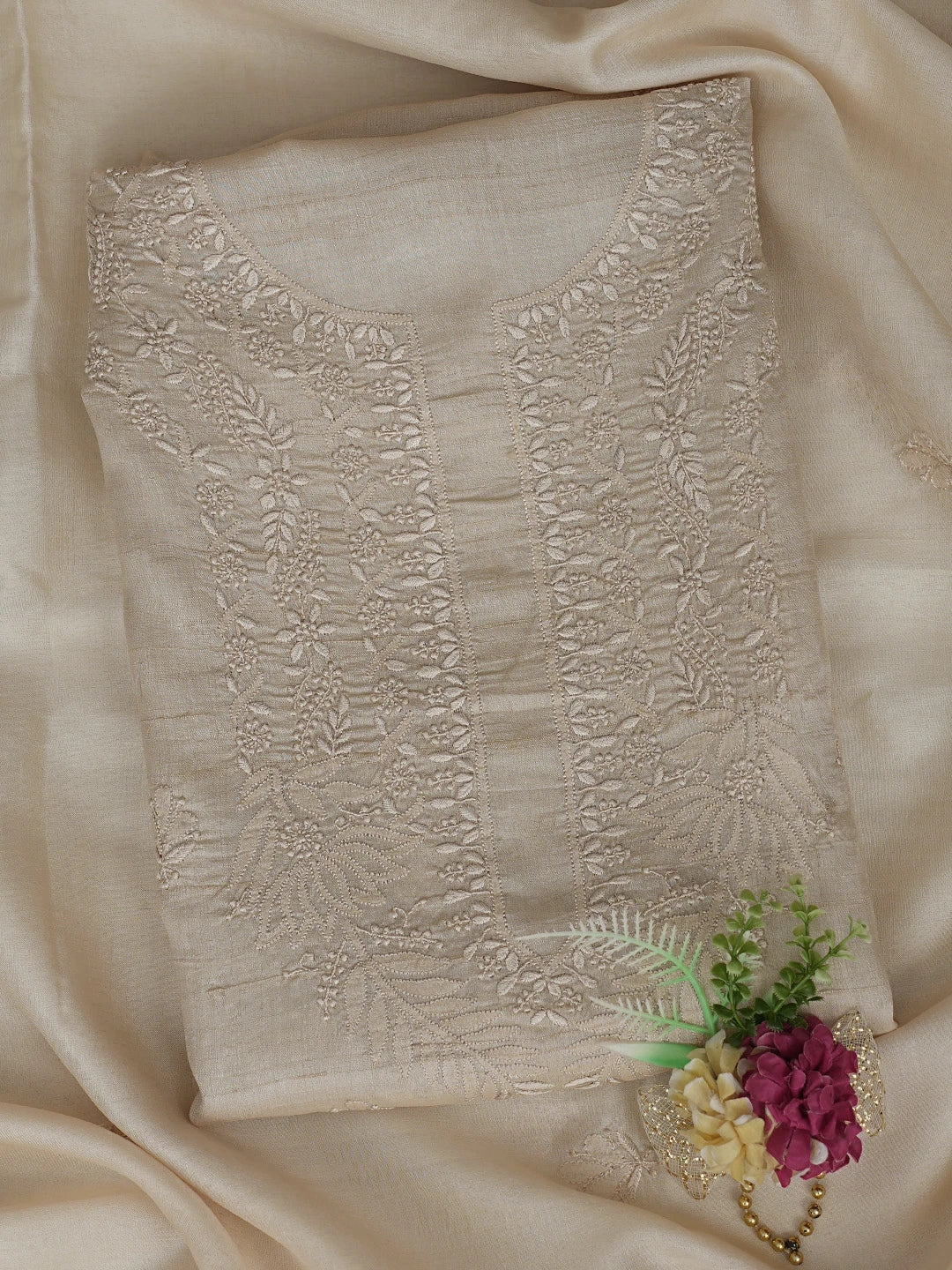 Ada Hand Embroidered Fawn Tussar Silk Lucknowi Chikankari Unstitched Kurta Dupatta Set 08A500667
