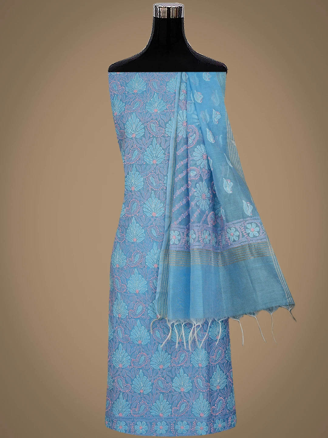 Ada Hand Embroidered Blue Chanderi Lucknowi Chikankari Unstitched Kurta Dupatta Set 01A871016