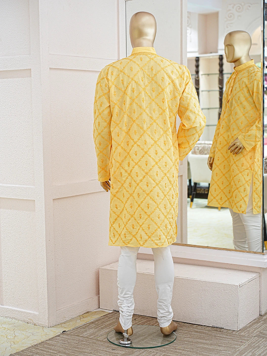 Ada Hand Embroidered Yellow Cotton Lucknowi Chikankari Stitched Men's Kurta Piece 01A741431