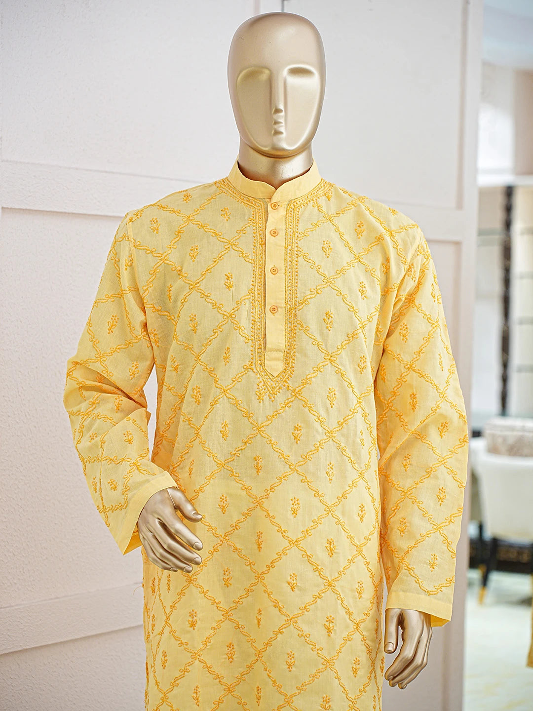 Ada Hand Embroidered Yellow Cotton Lucknowi Chikankari Stitched Men's Kurta Piece 01A741431