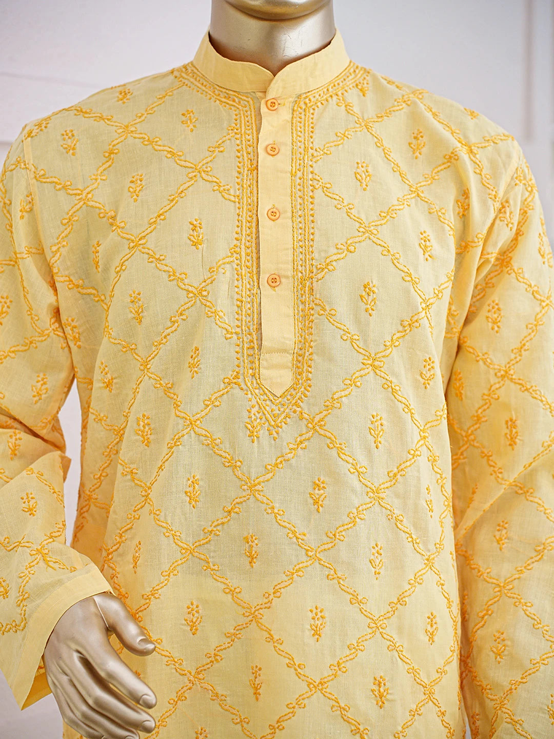 Ada Hand Embroidered Yellow Cotton Lucknowi Chikankari Stitched Men's Kurta Piece 01A741431