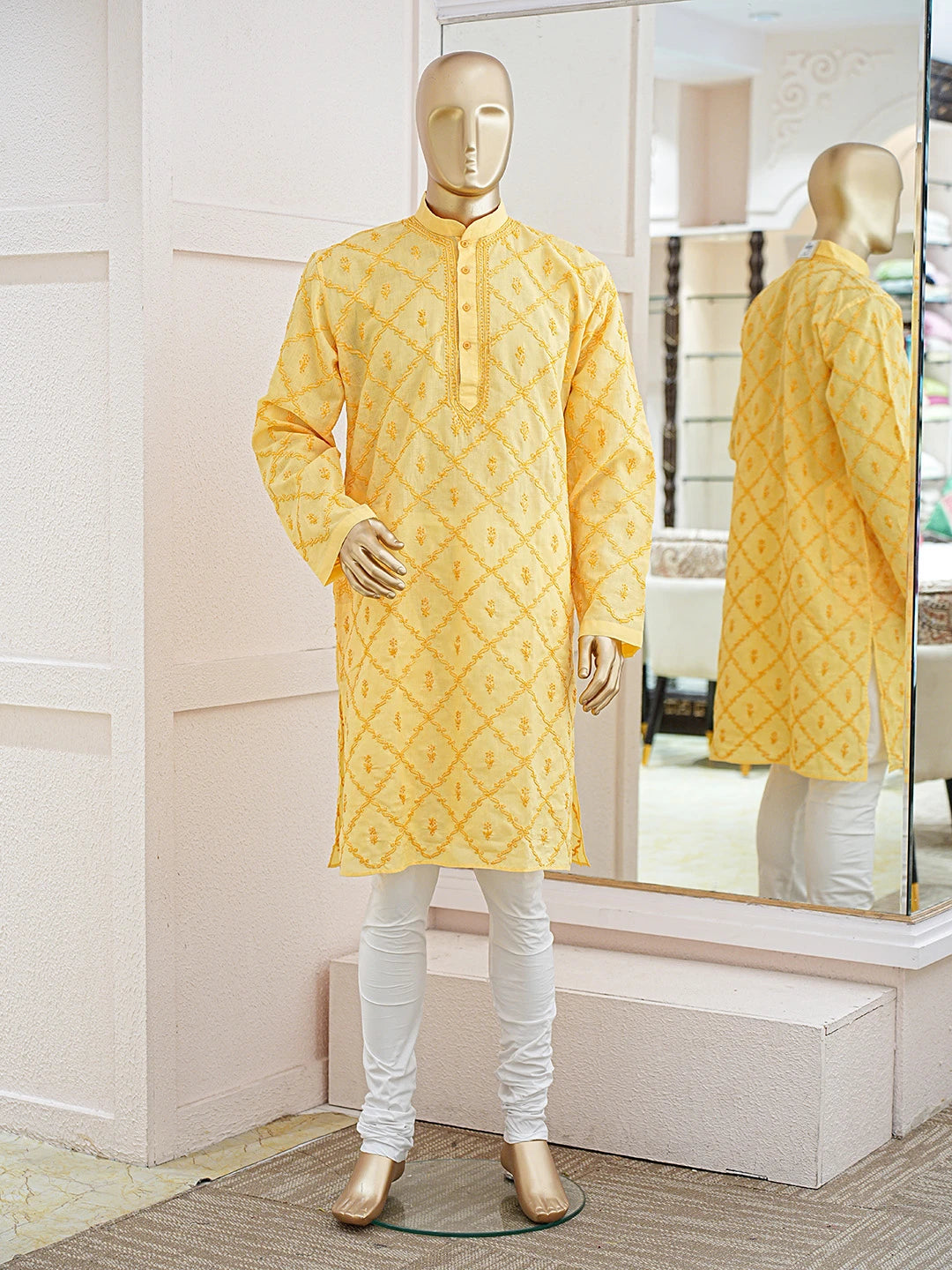 Ada Hand Embroidered Yellow Cotton Lucknowi Chikankari Stitched Men's Kurta Piece 01A741431