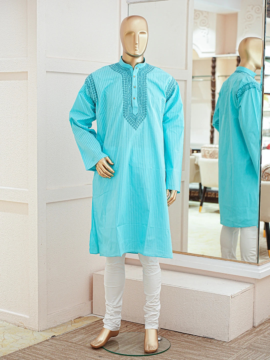 Ada Hand Embroidered Blue Cotton Lucknowi Chikankari Stitched Men's Kurta Piece 01A866935