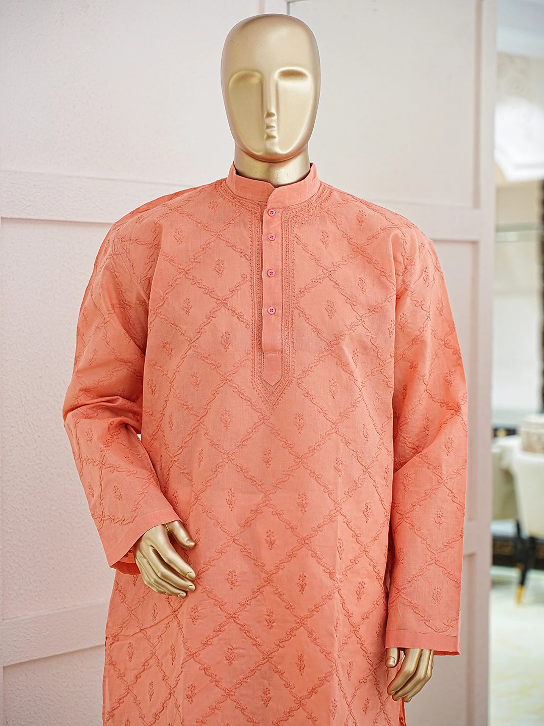 Ada Hand Embroidered Dark Peach Cotton Lucknowi Chikankari Stitched Men's Kurta Piece 01A783238
