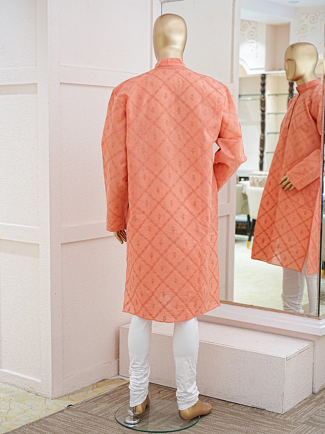 Ada Hand Embroidered Dark Peach Cotton Lucknowi Chikankari Stitched Men's Kurta Piece 01A783238