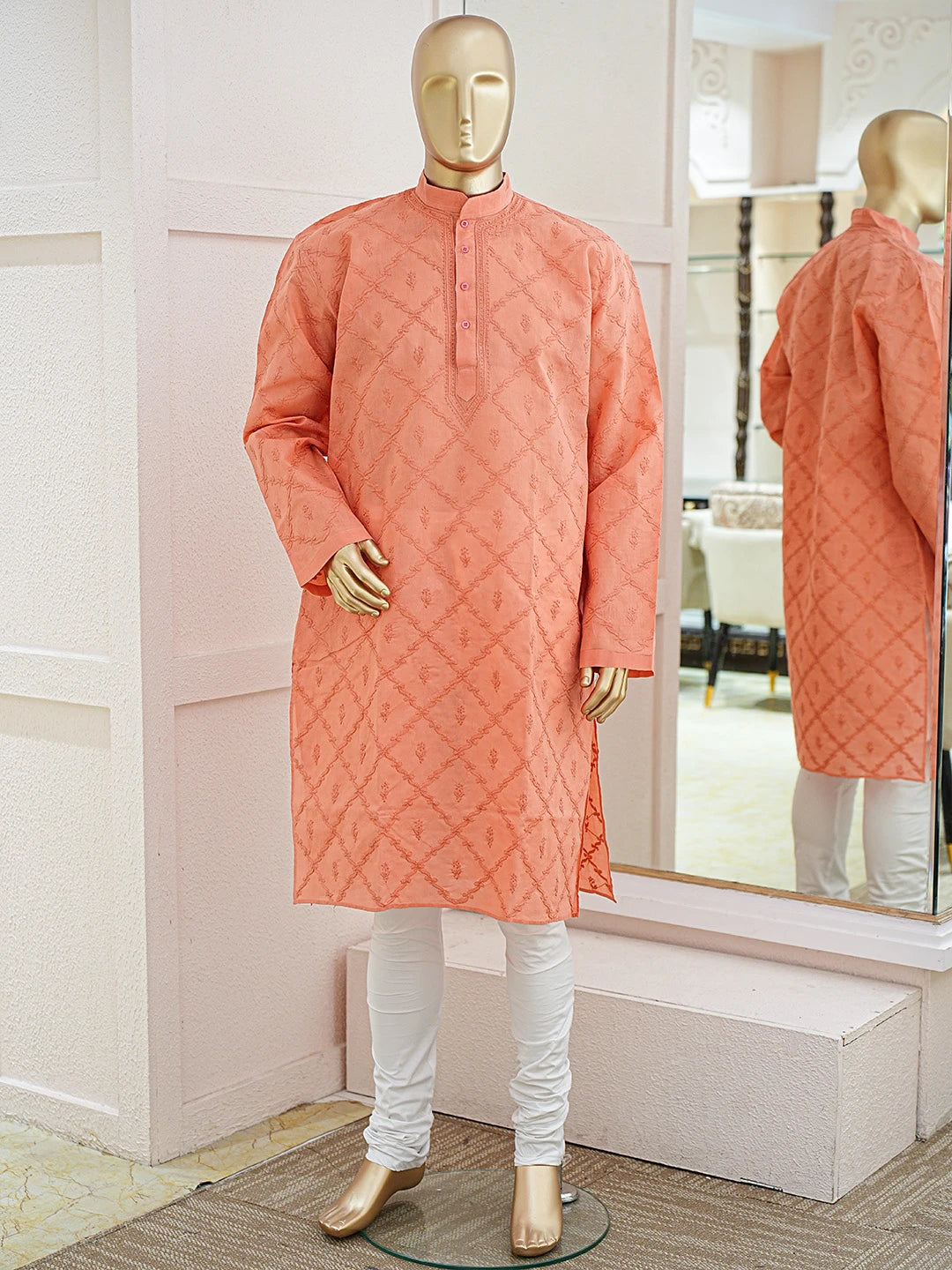 Ada Hand Embroidered Dark Peach Cotton Lucknowi Chikankari Stitched Men's Kurta Piece 01A783238
