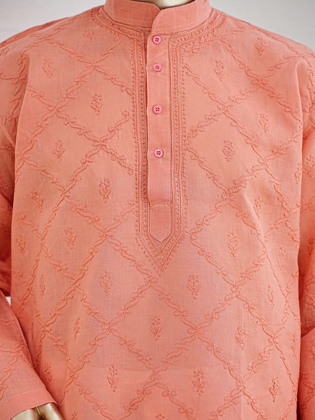 Ada Hand Embroidered Dark Peach Cotton Lucknowi Chikankari Stitched Men's Kurta Piece 01A783238