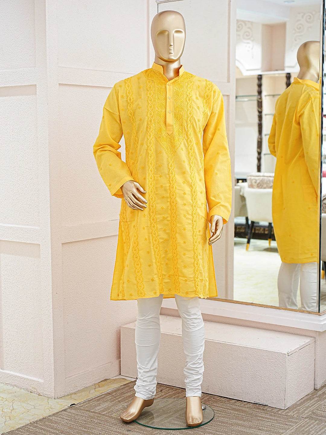 Ada Hand Embroidered Yellow Cotton Lucknowi Chikankari Stitched Men's Kurta Piece 01A826410