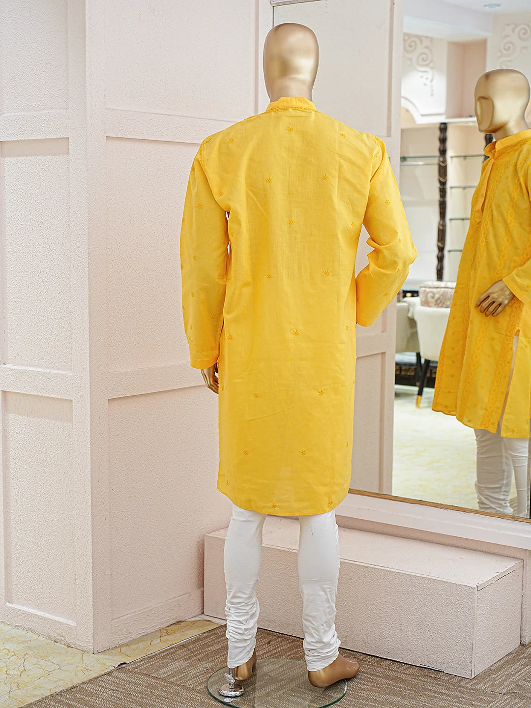 Ada Hand Embroidered Yellow Cotton Lucknowi Chikankari Stitched Men's Kurta Piece 01A826410