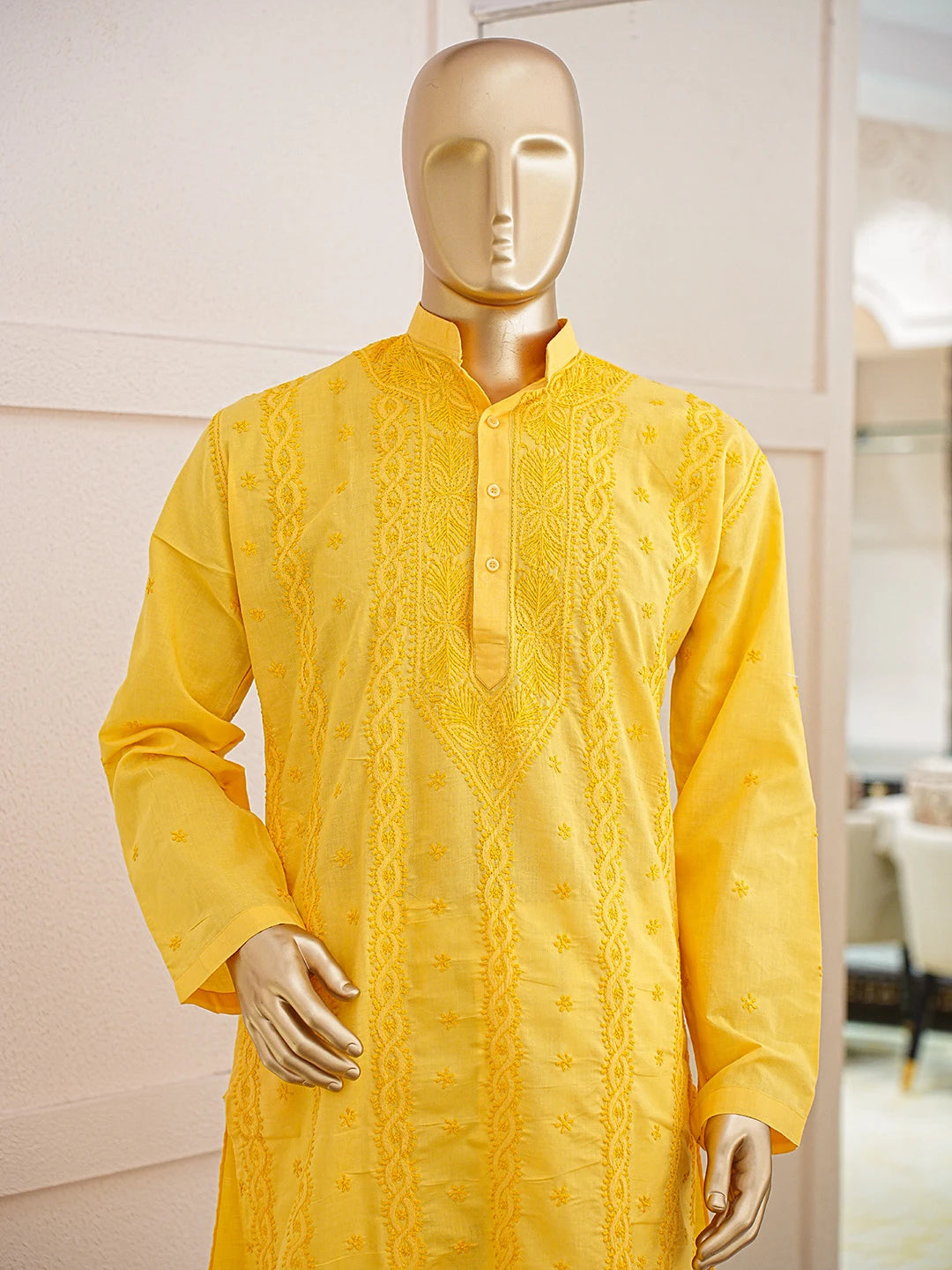 Ada Hand Embroidered Yellow Cotton Lucknowi Chikankari Stitched Men's Kurta Piece 01A826410