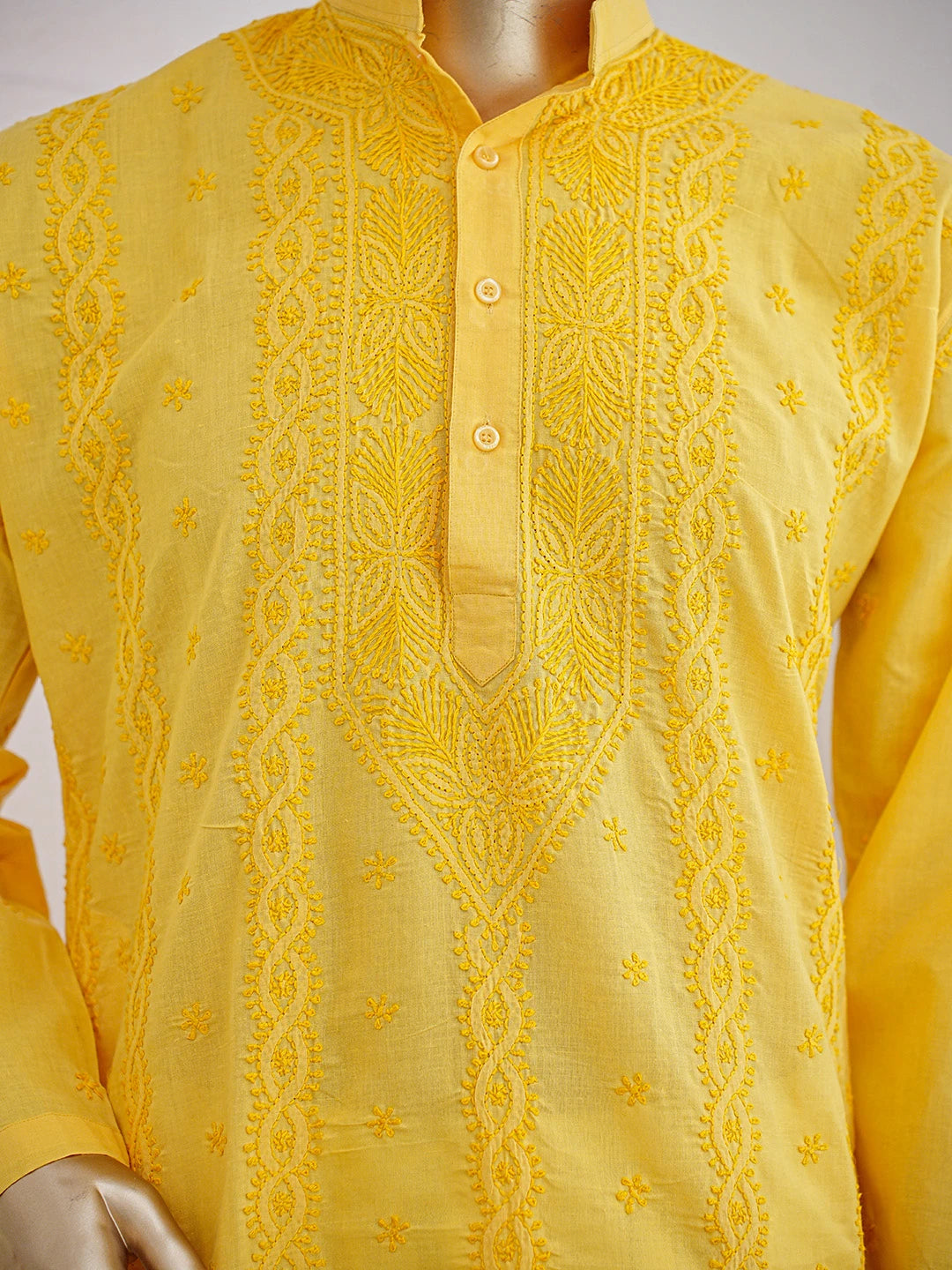 Ada Hand Embroidered Yellow Cotton Lucknowi Chikankari Stitched Men's Kurta Piece 01A826410