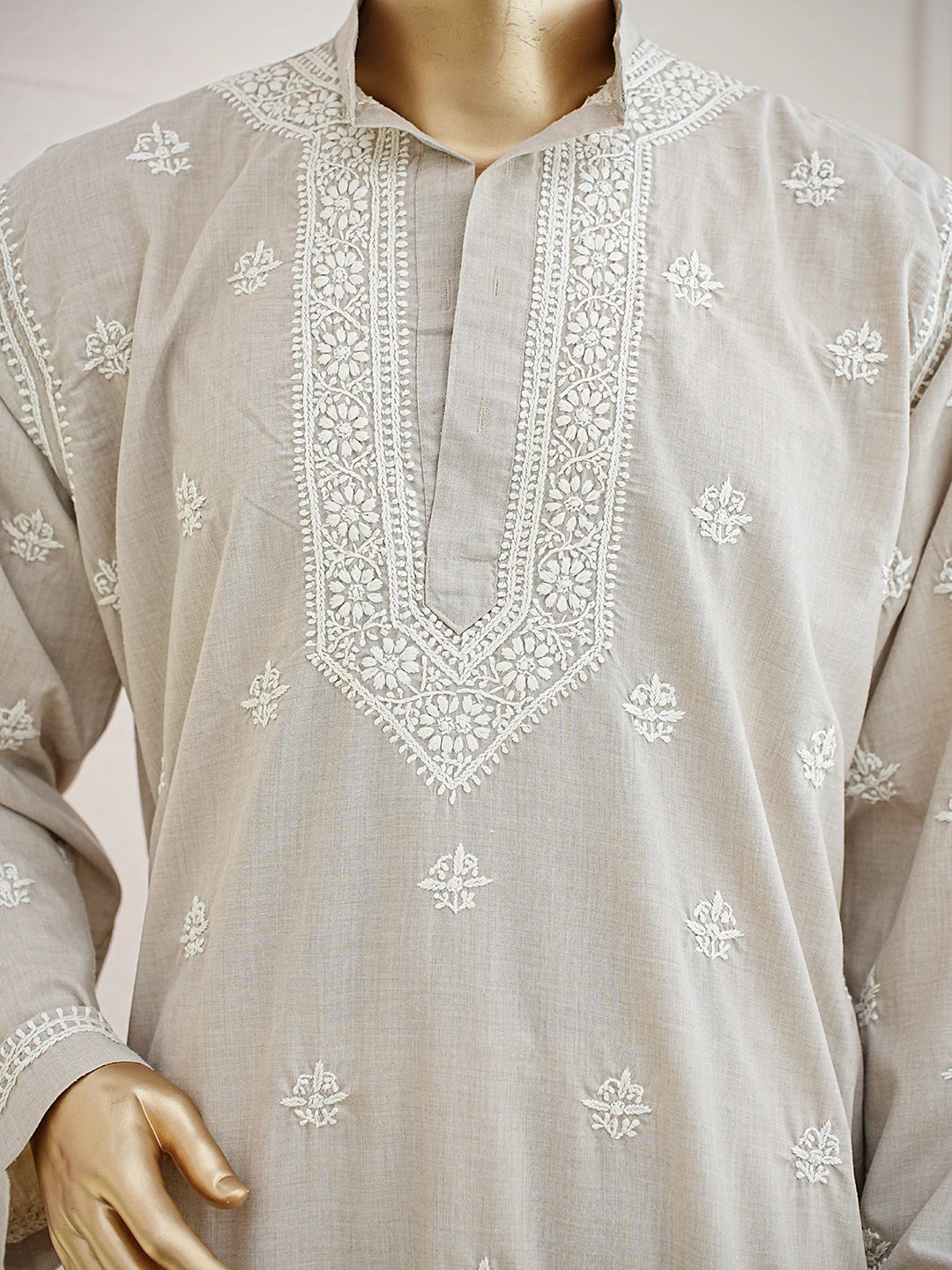 Ada Hand Embroidered Dun Brown Cotton Lucknowi Chikankari Men's Kurta 01A859957