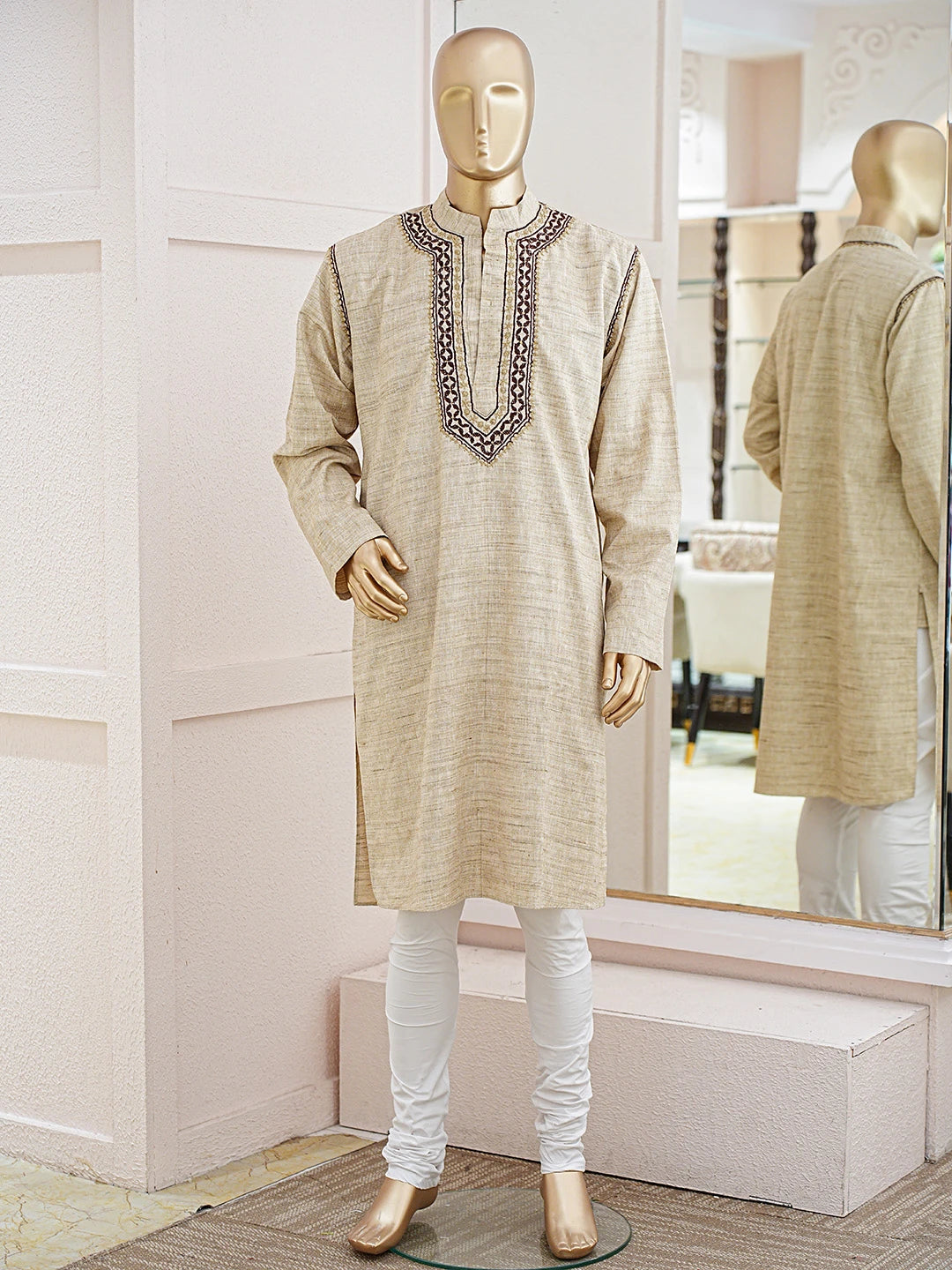 Ada Hand Embroidered Fawn Cotton Lucknowi Chikankari Men's Kurta 01A841597