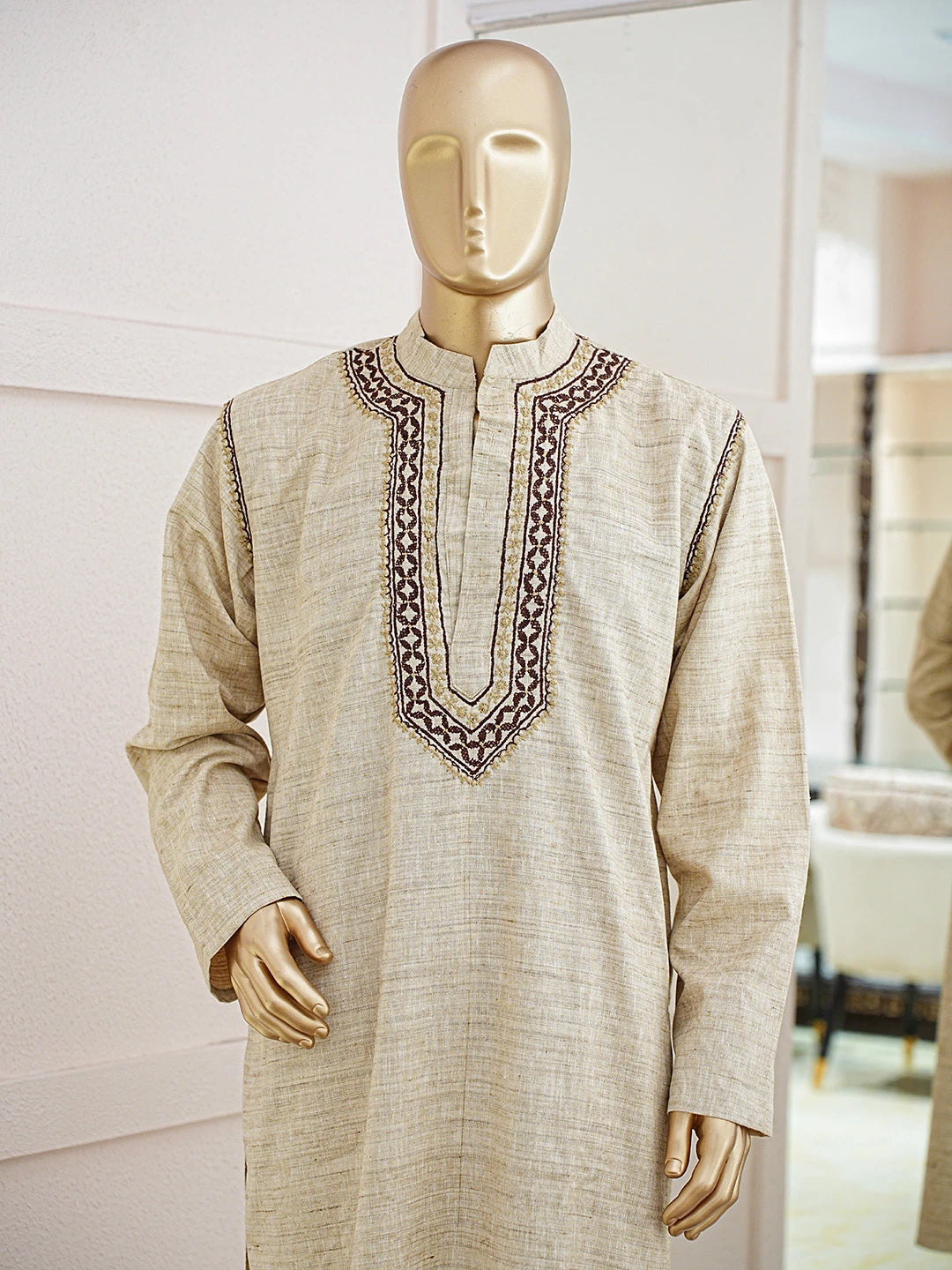 Ada Hand Embroidered Fawn Cotton Lucknowi Chikankari Men's Kurta 01A841597