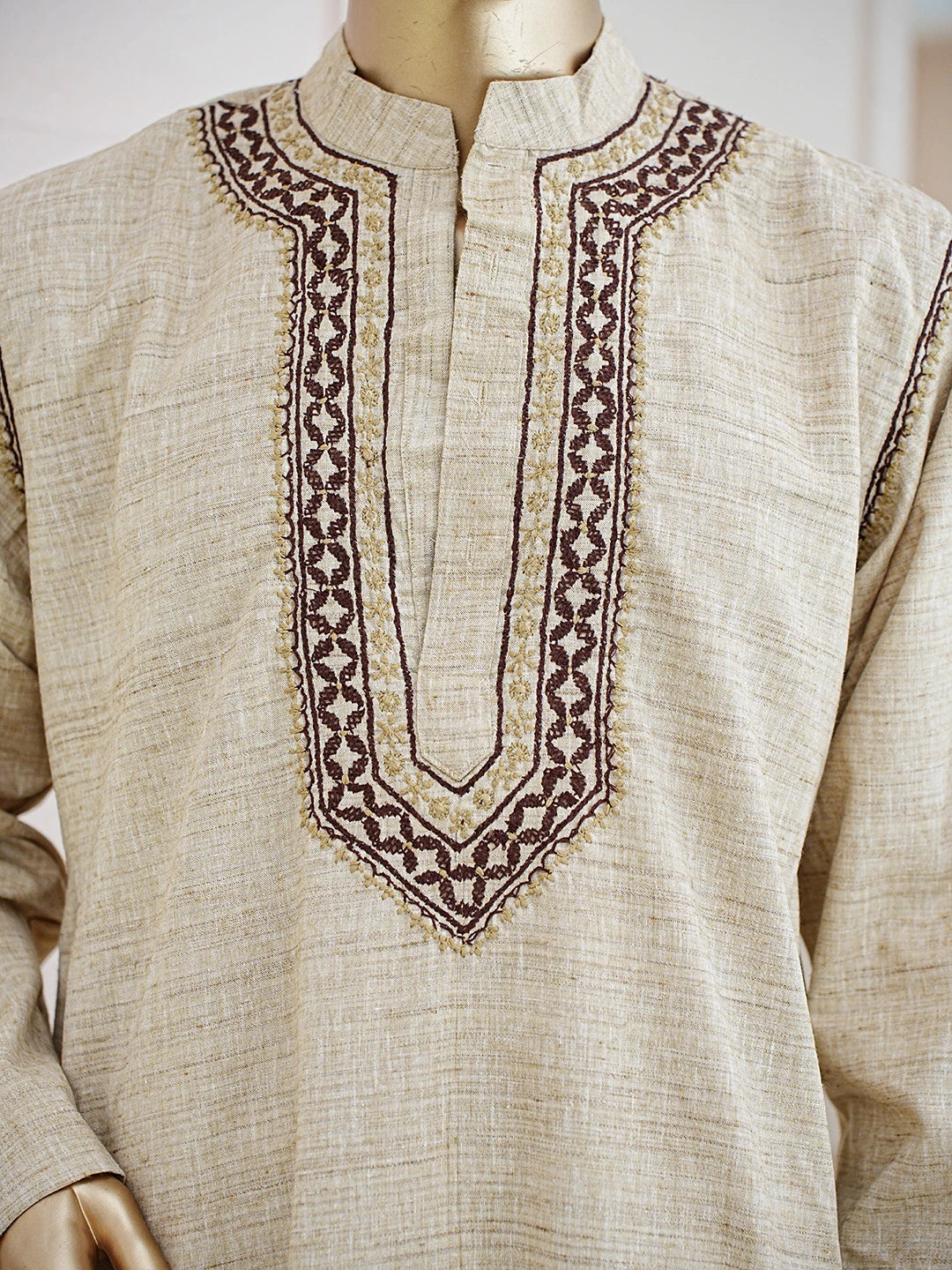 Ada Hand Embroidered Fawn Cotton Lucknowi Chikankari Men's Kurta 01A841597