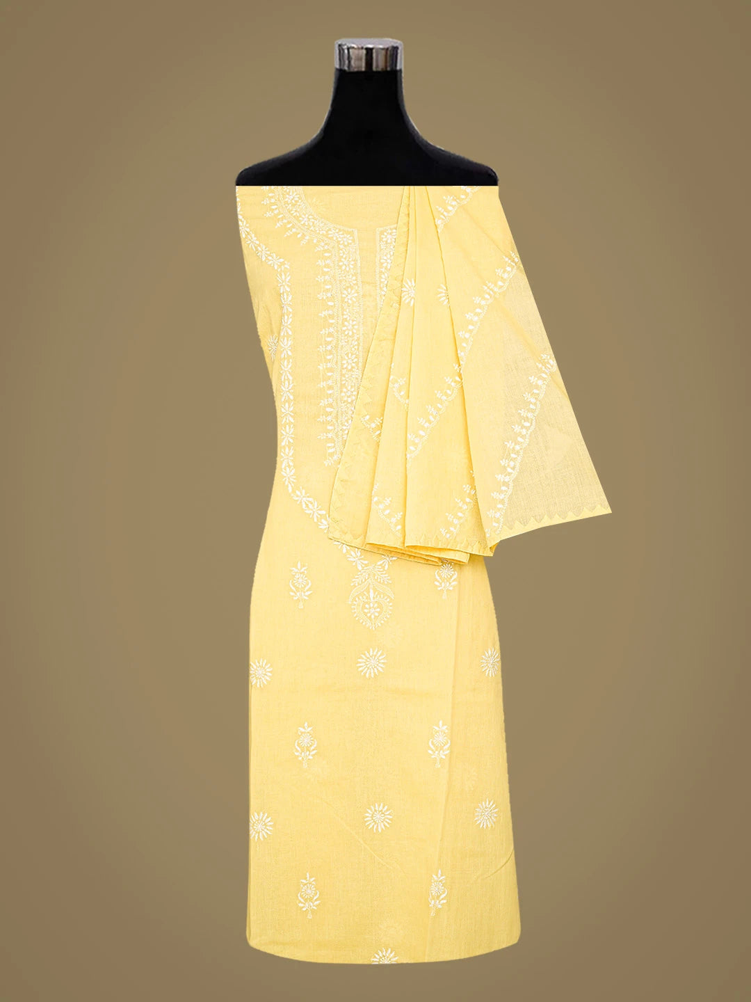 Ada Hand Embroidered Yellow Cotton Lucknowi Chikankari Semi-Stitched Kurta Dupatta Set 01A657585