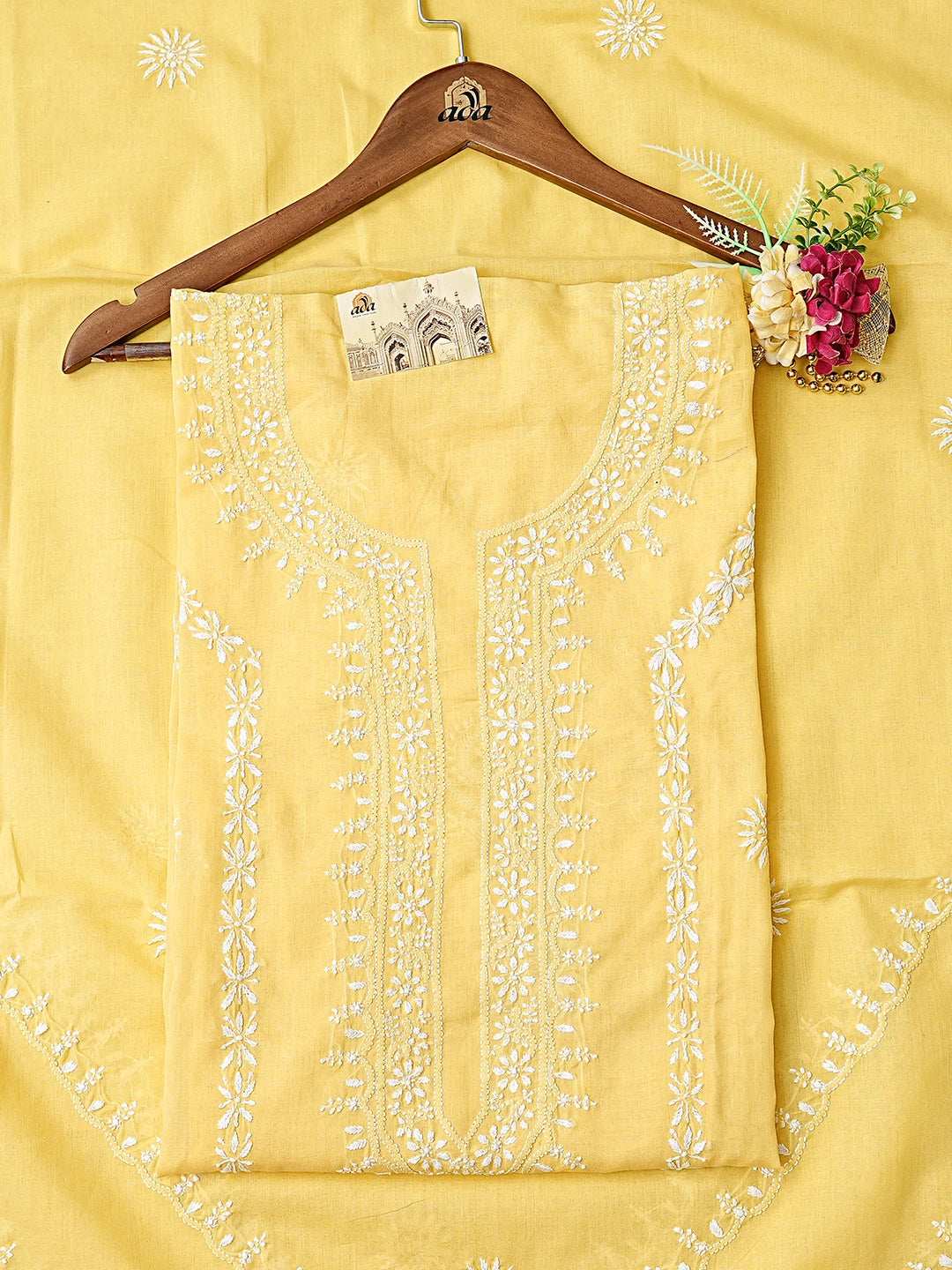 Ada Hand Embroidered Yellow Cotton Lucknowi Chikankari Semi-Stitched Kurta Dupatta Set 01A657585